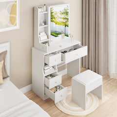 HAOYYE Small Space Vanity Table Set with Left Drawer, Cushioned Stool, Large Sliding Mirror, Multi-Layer Storage, Modern Compact Design, Stylish Durable Dressing Table for Adults, Ideal for Bedroom or Dressing Room