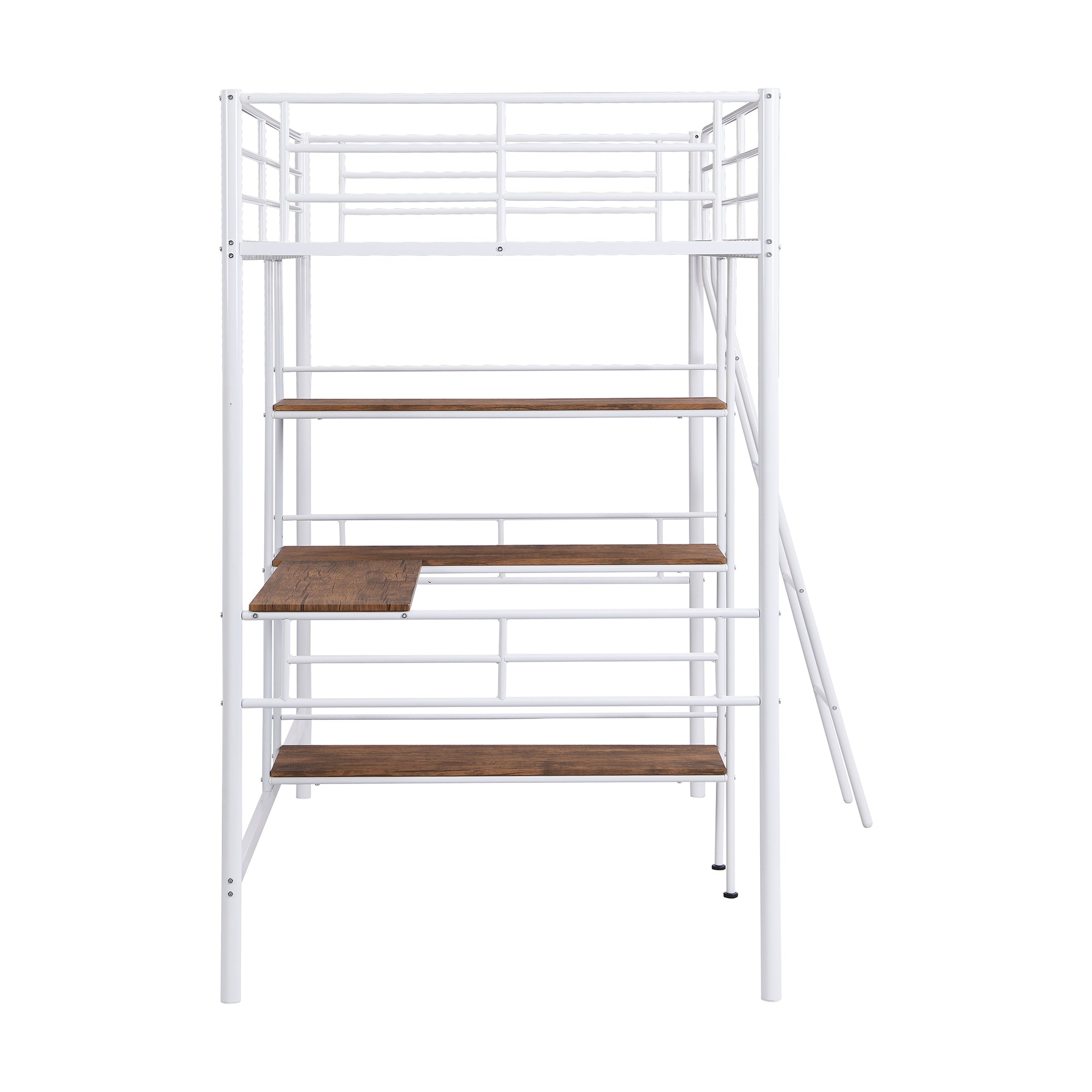 HAOYYE Twin Size Metal Loft Bed and Built-in Desk and Shelves,White Sturdy Space-Saving Heavy Duty Modern Design Adults Dorm Room Easy Assembly Bedroom Furniture
