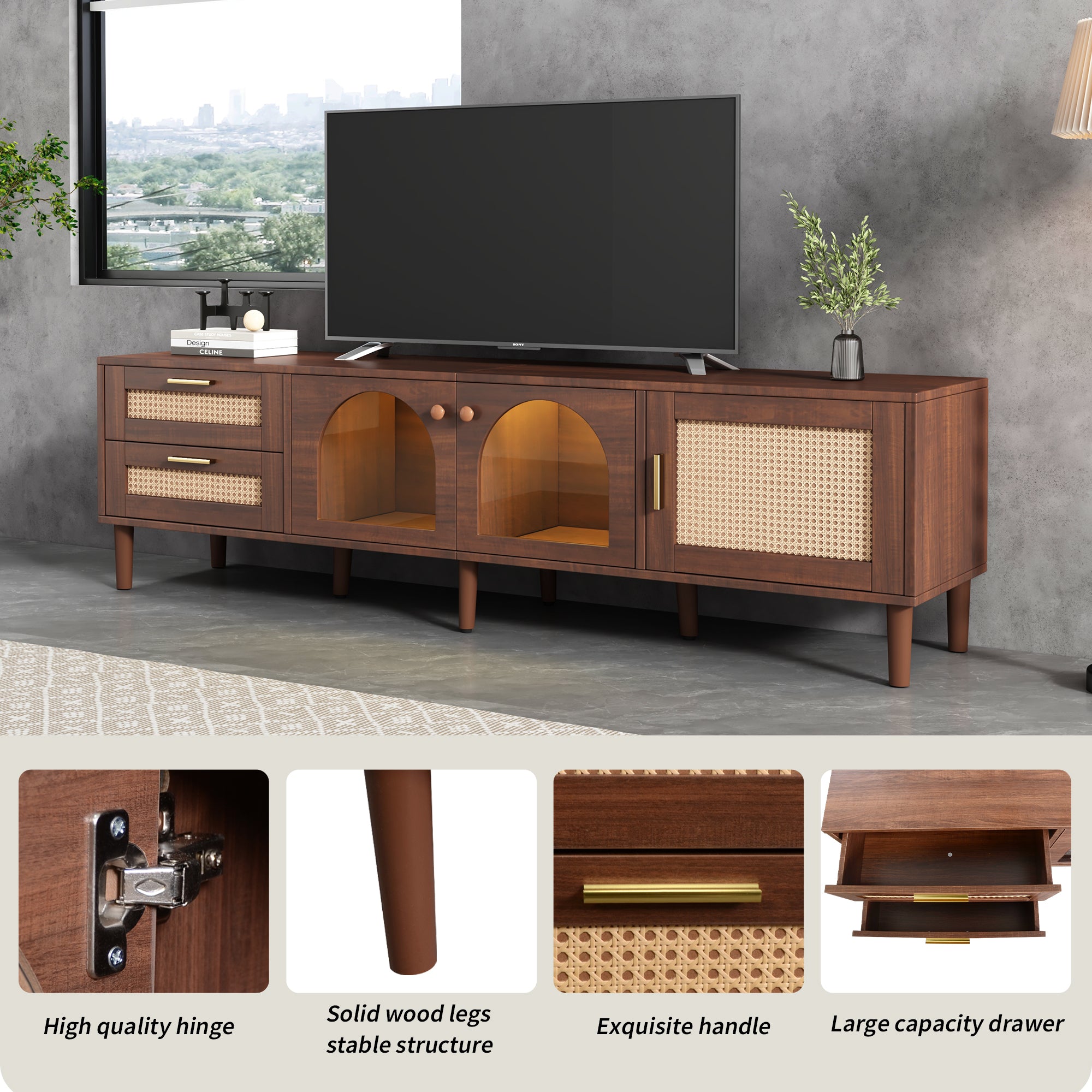 HAOYYE Rattan TV Stand with 3 Cabinets & 2 Drawers, Rattan-Inspired Media Console Table for TVs up to 80", LED Light Entertainment Center, TV Cabinet for Living Room, Bedroom, Home Theater, Sturdy Heavy Duty Construction