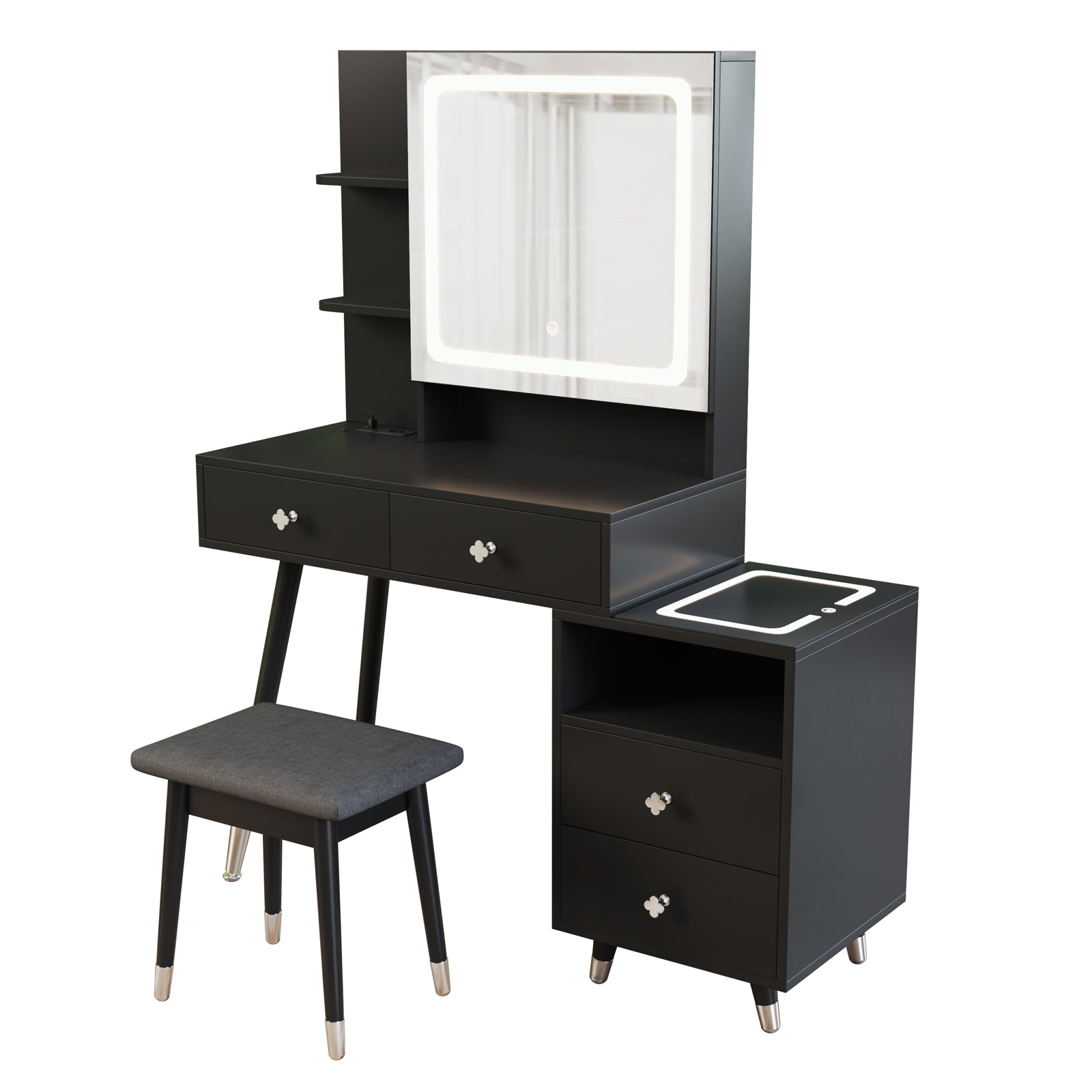HAOYYE Vanity Dressing Table Set with LED Three-Tone Light Mirror, 4 Drawers, 2-Layer Shelf, Mirror Cabinet with Light Strips, Pitted Particle Board with Melamine Finish, Solid Wood Legs with Copper Sheath, Makeup Desk with Storage for Bedroom