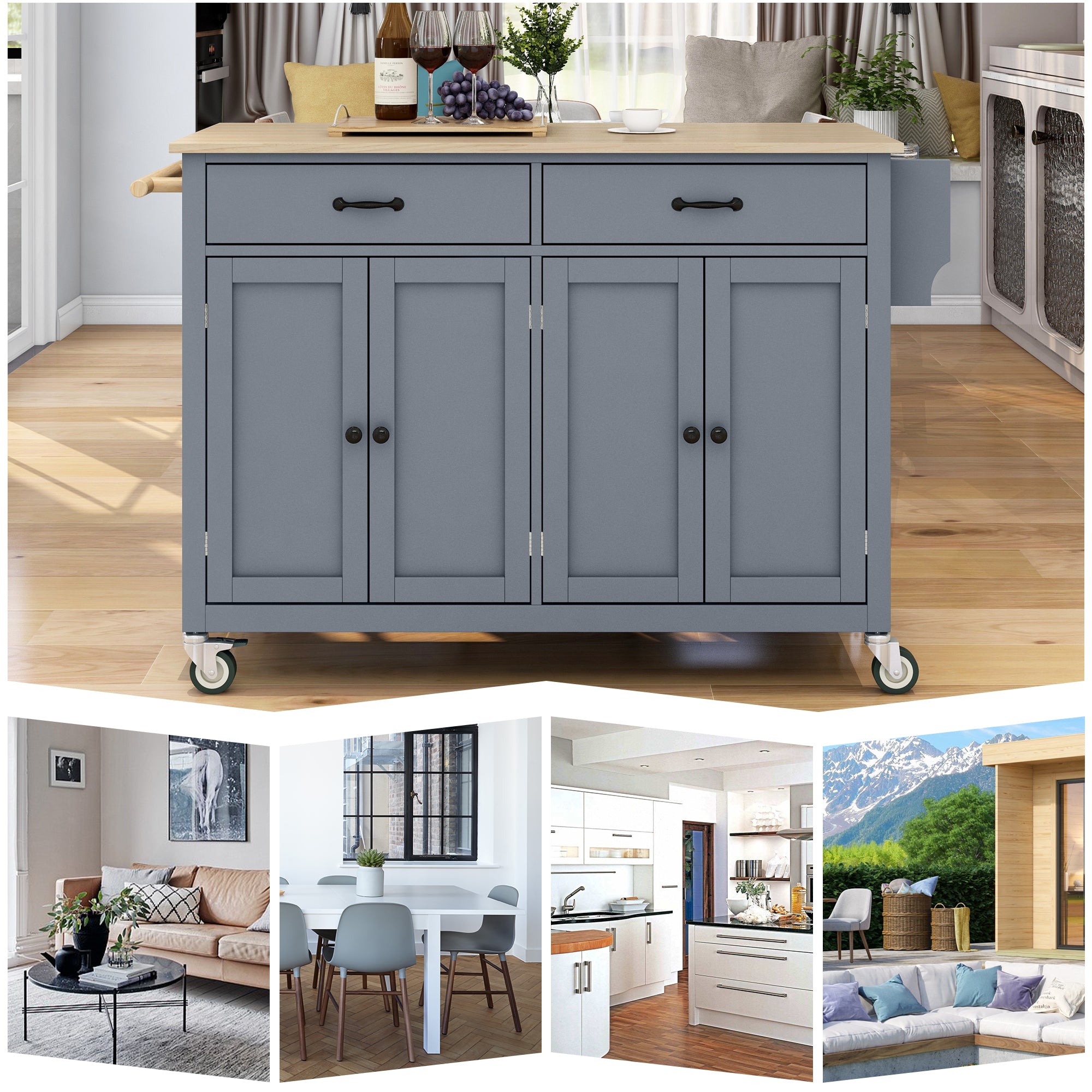 HAOYYE Kitchen Island Cart with Solid Wood Top and Locking Wheels, 4-Door Cabinet and 2 Drawers, Spice Rack, Towel Rack, Grey Blue, Sturdy Space-Saving Design, Heavy Duty Construction, Easy Assembly, Stylish and Durable Home Furniture
