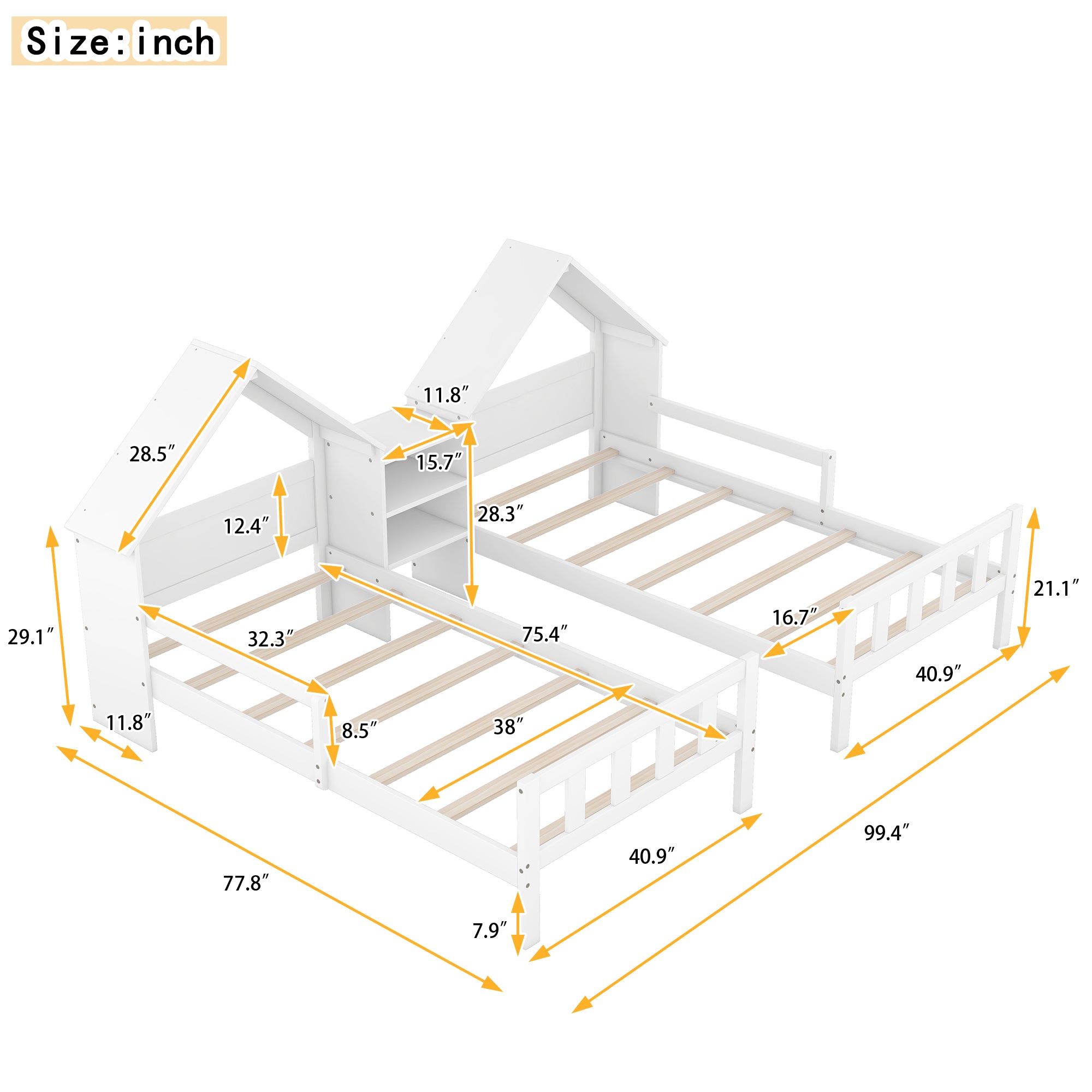 HAOYYE Double Twin Size Platform Bed with House-shaped Headboard and a Built-in Nightstand, White Sturdy Space-Saving Heavy Duty Modern Design Adults Dorm Room Easy Assembly Bedroom Furniture