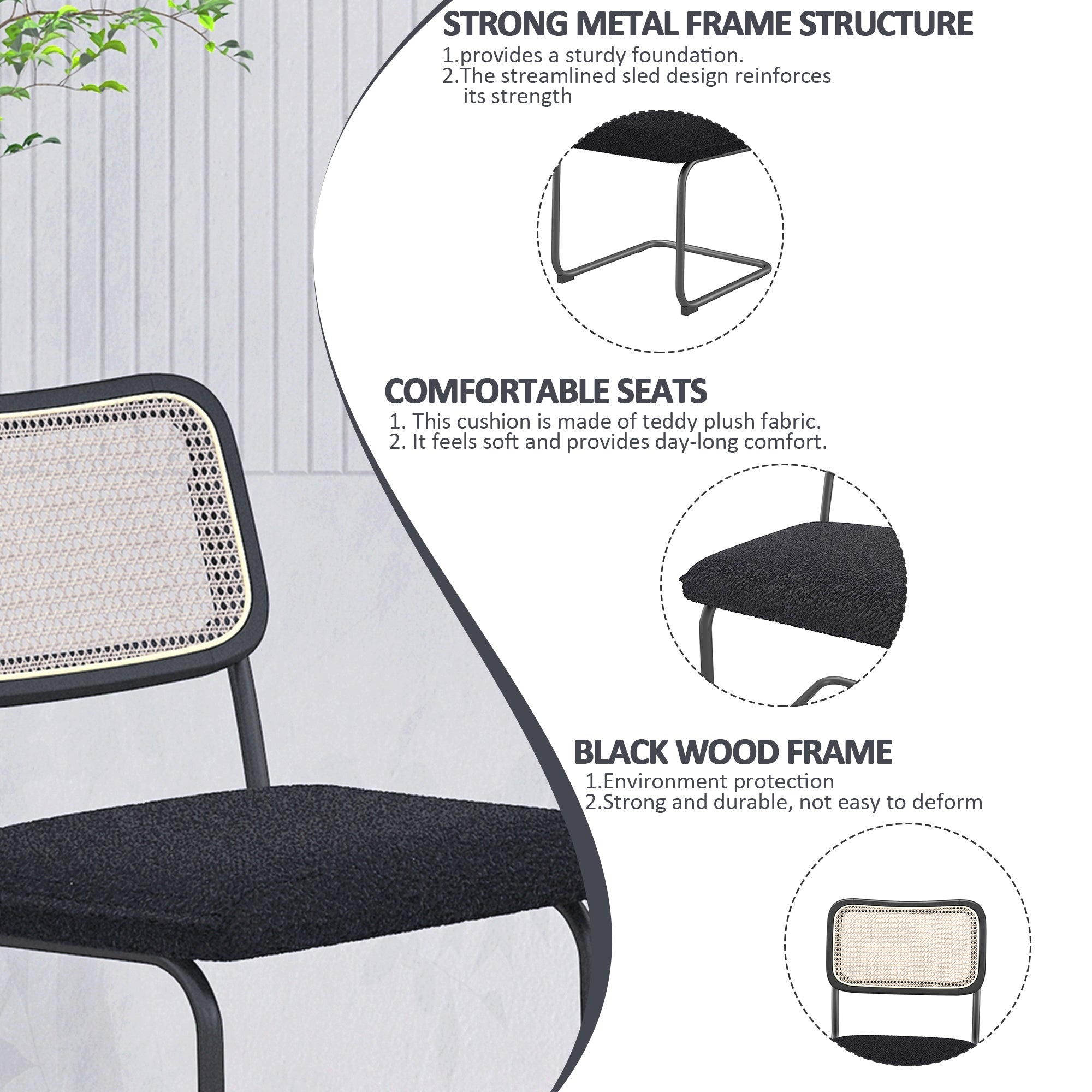 HAOYYE Set of 2, Teddy Velvet Dining Chair with High-Density Sponge, Rattan Chair for Dining room, Living room, Bedroom, Black Sturdy Space-Saving Heavy Duty Modern Design Adults Dorm Room Easy Assembly