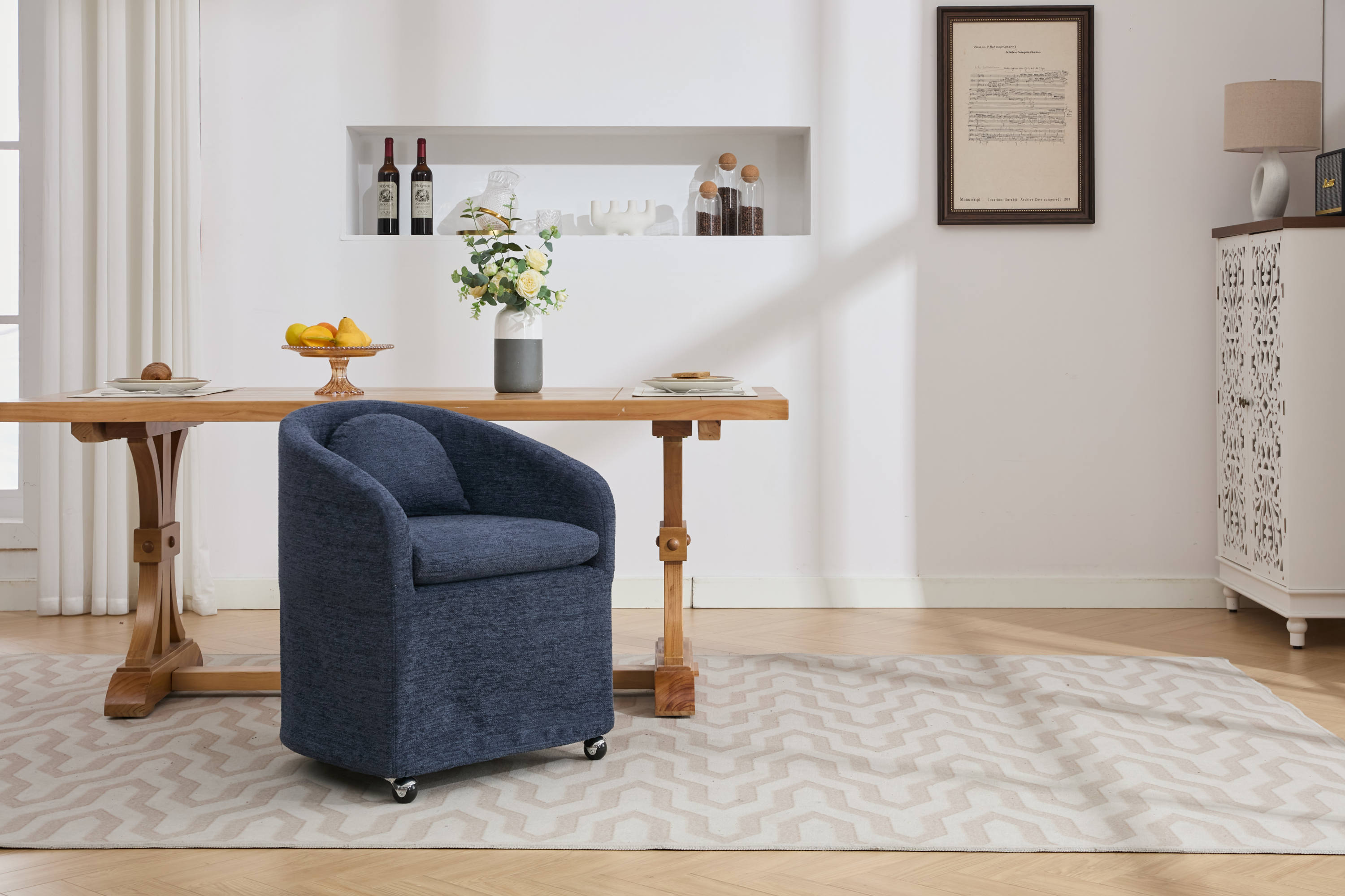 HAOYYE 059-Set of 1 Chenille Fabric Dining Armchair With Back Cushion and Universal Wheels,Blue Sturdy Space-Saving Heavy Duty Modern Design Adults Dorm Room Easy Assembly Bedroom Furniture