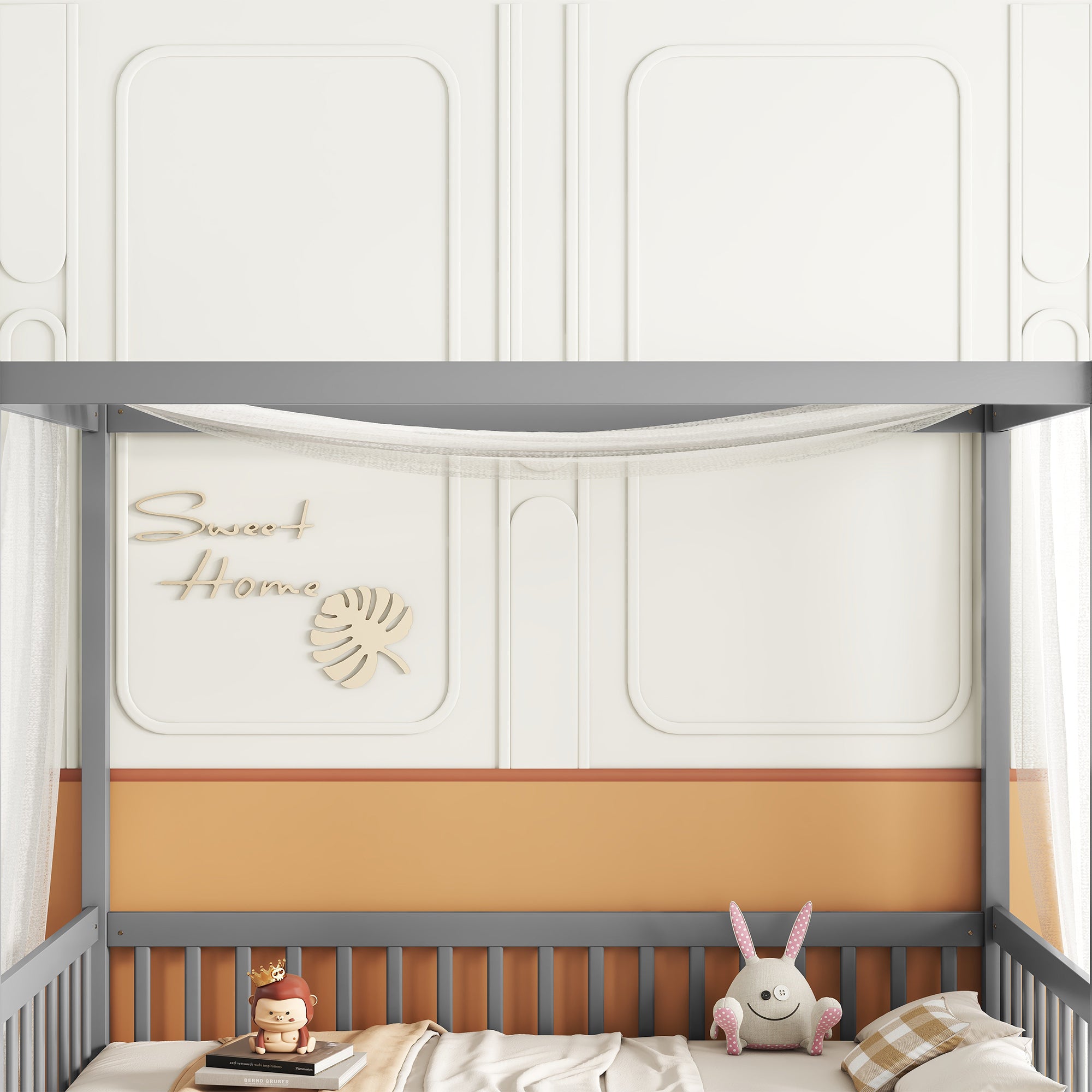 HAOYYE Twin Size Canopy Frame Floor Bed with Fence, Guardrails,Grey Sturdy Space-Saving Heavy Duty Modern Design Adults Dorm Room Easy Assembly Bedroom Furniture