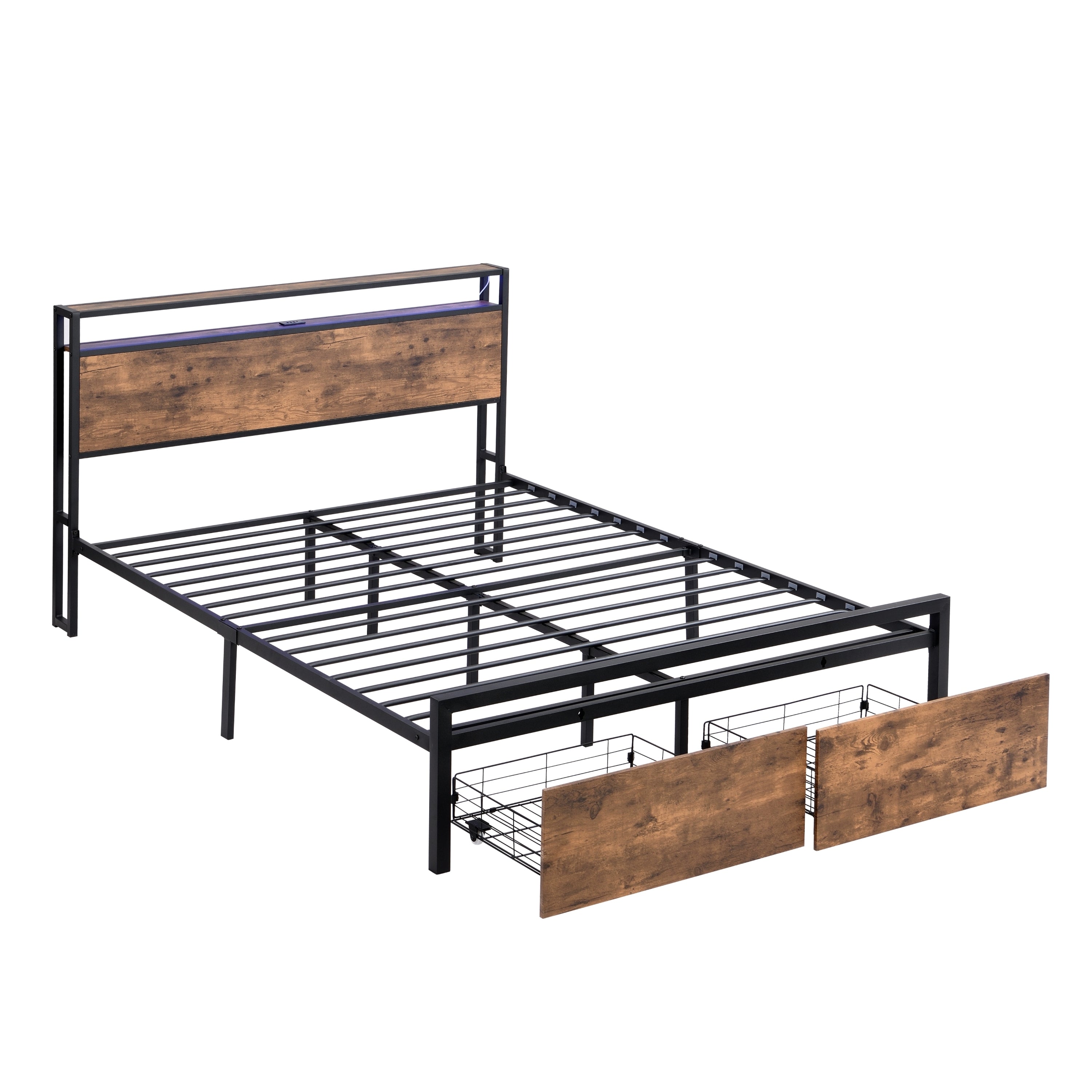 HAOYYE Full Size Bed Frame with Storage Headboard and 2 Drawers, LED Lights Bed with Charging Station, Metal Platform Bed No Noise, Mattress Foundation Strong Metal Slats Support No Box Spring Needed Sturdy