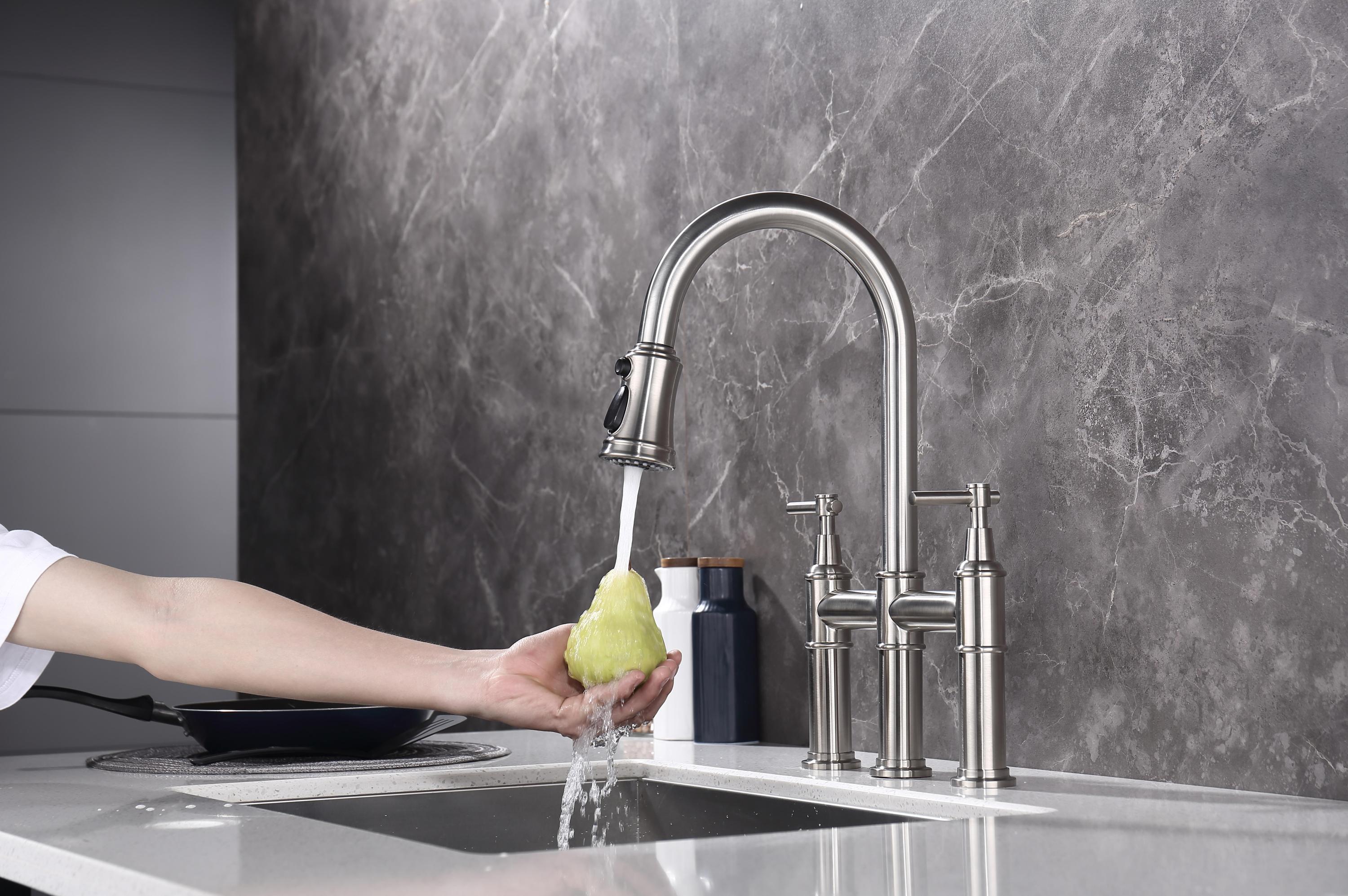 HAOYYE Bridge Kitchen Faucet with Pull-Down Sprayhead in Spot Sturdy Space-Saving Heavy Duty Modern Design Adults Dorm Room Easy Assembly Bedroom Furniture
