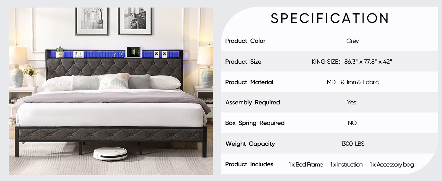 HAOYYE King Bed Frame with Storage Headboard, Charging Station and LED Lights, Upholstered Platform Bed with Heavy Metal Slats, No Box Spring Needed, Noise Free, Easy Assembly, Dark Gray Sturdy Space-Saving