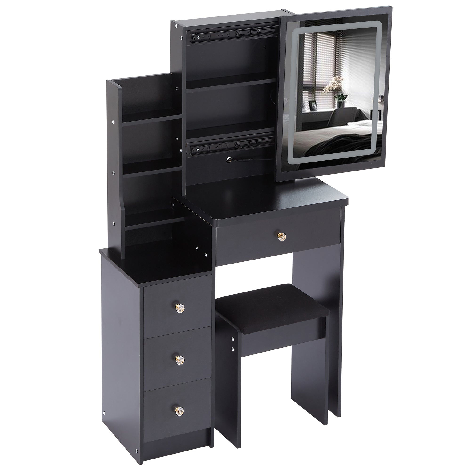 HAOYYE Small Size Left Bedside Cabinet Vanity Table + Cushioned Stool, Touch Control Sliding LED Mirror, Tri-color Switching, Brightness Adjust, Multi Layer, Suitable for Small Space, EPA,GCC,UL Certificate
