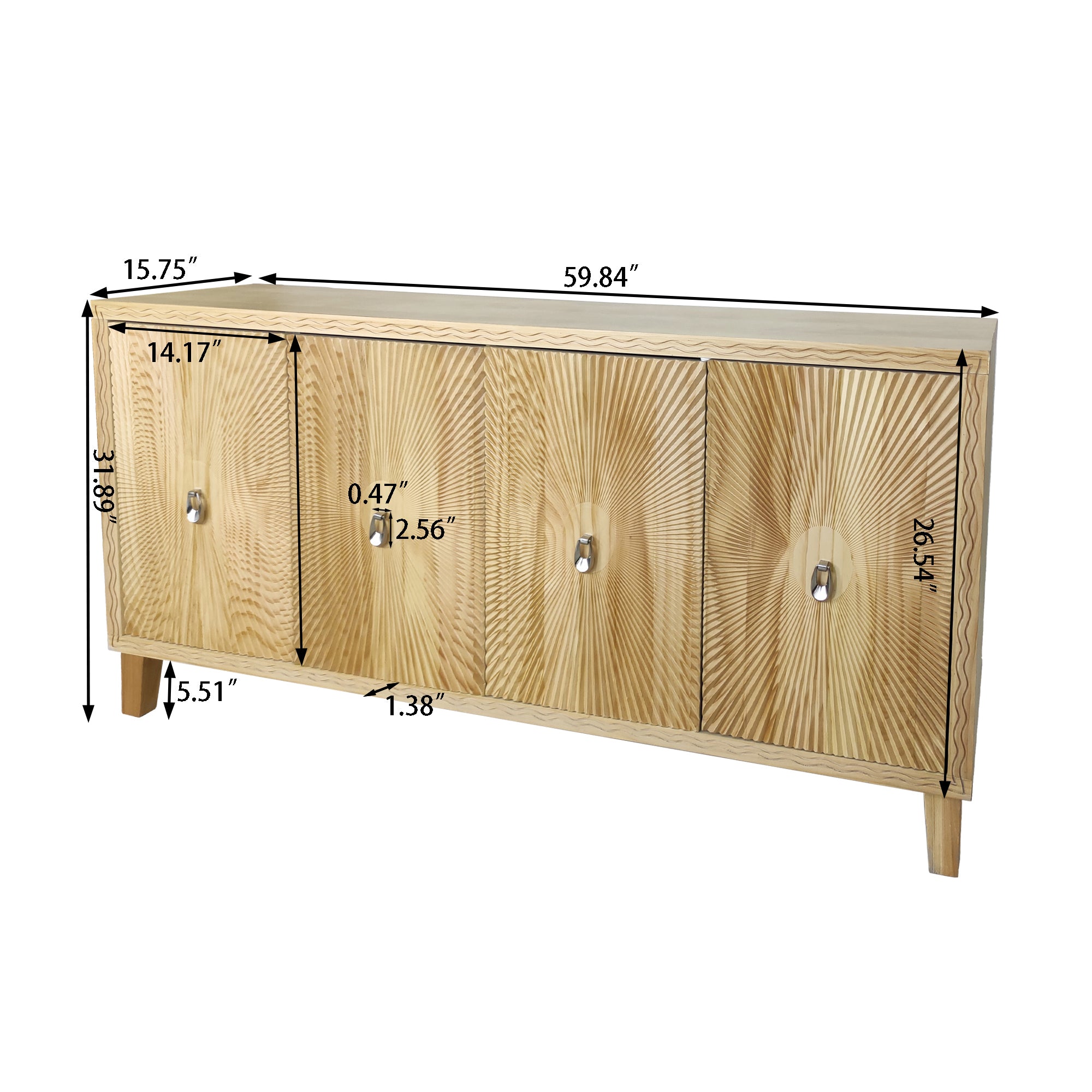 HAOYYE Vintage Storage Cabinet with Carved Scatter Pattern, 4 Door Dining Sideboard and Adjustable Shelves, Versatile Buffet and Accent Cabinet for Living Room, Kitchen, and Hallway, Sturdy and Space-Saving Design in Natural Finish