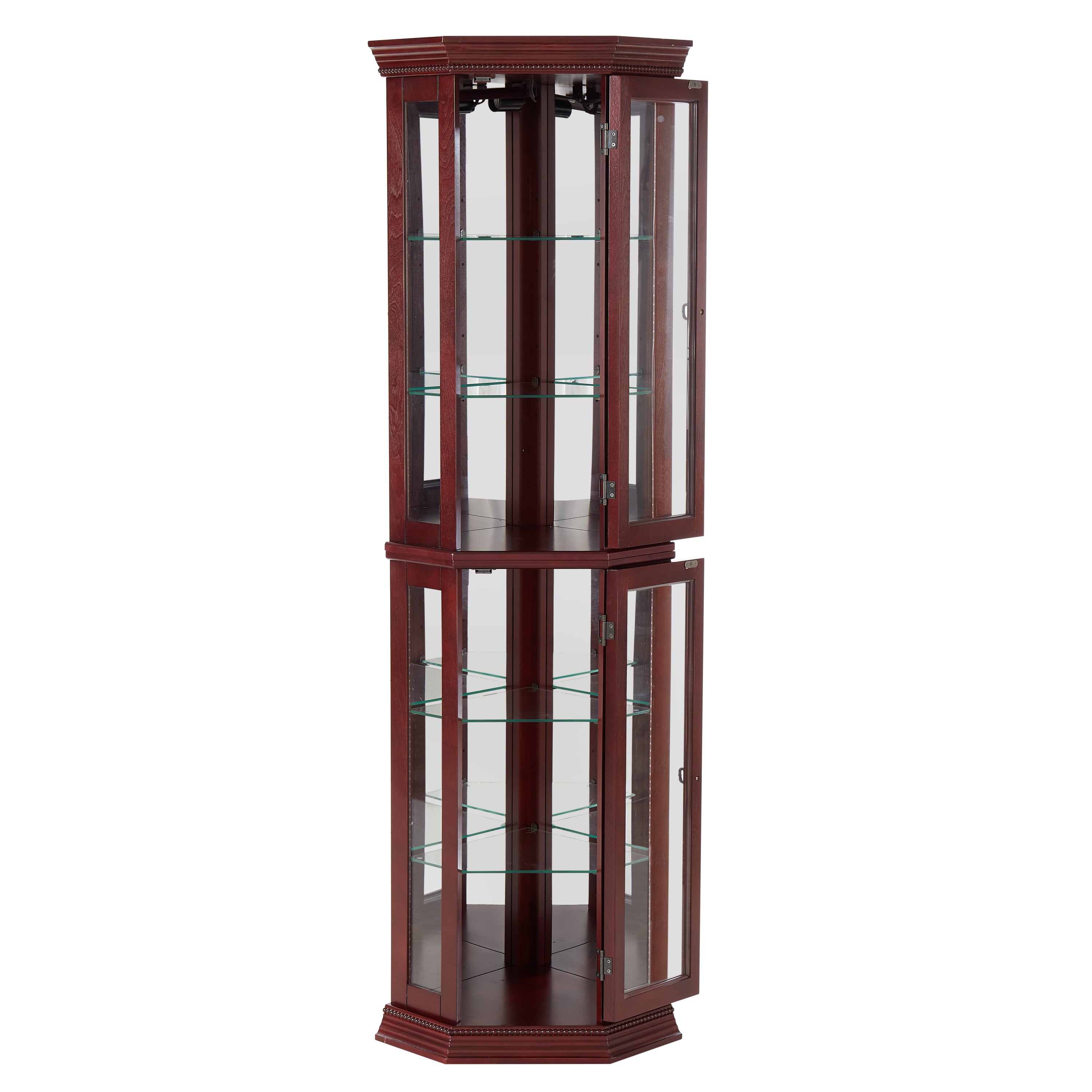 HAOYYE Corner Curio Cabinet with Built-In Lights, Adjustable Tempered Glass Shelves, Mirrored Back Panel, Modern Display Cabinet, Cherry Finish, Sturdy and Space-Saving Design, Ideal for Living Room or Dining Room