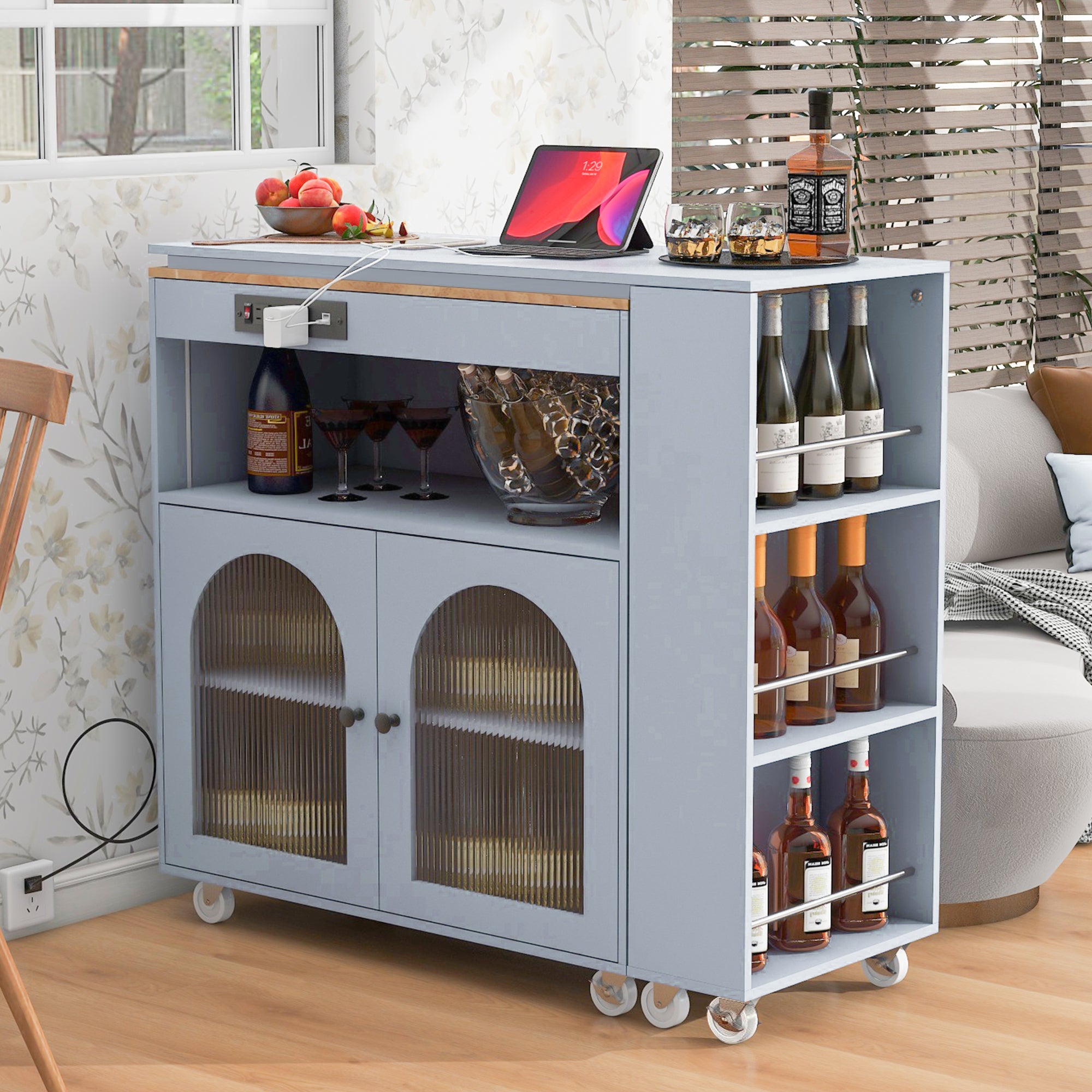 HAOYYE K&K Rolling Kitchen Island With Extended Table, Kitchen Island on Wheels with LED Lights,Power Outlets and 2 Fluted Glass Doors, Kitchen Island with a Storage Compartment and Side 3 Open Shelves, Grey