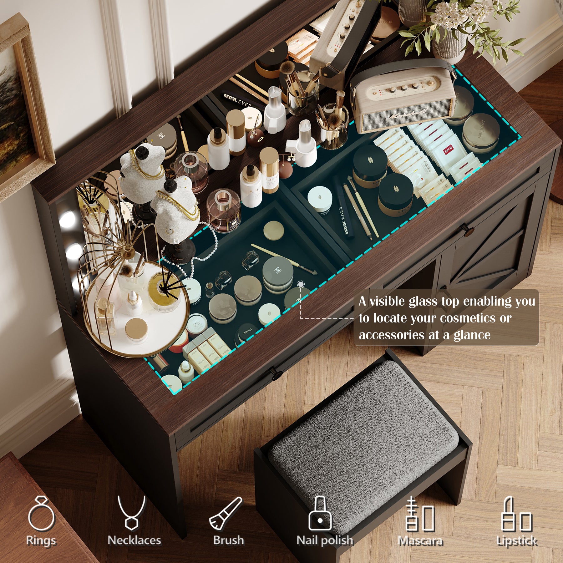 HAOYYE Makeup Vanity Table with Large Mirror and 11 LED Lights, Adjustable Brightness, Dressing Table Desk with 3 Drawers, Modern Vanity Desk for Women, Black with Stool, Sturdy and Space-Saving Design