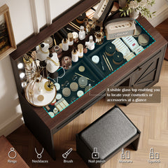 HAOYYE Makeup Vanity Table with Large Mirror and 11 LED Lights, Adjustable Brightness, Dressing Table Desk with 3 Drawers, Modern Vanity Desk for Women, Black with Stool, Sturdy and Space-Saving Design