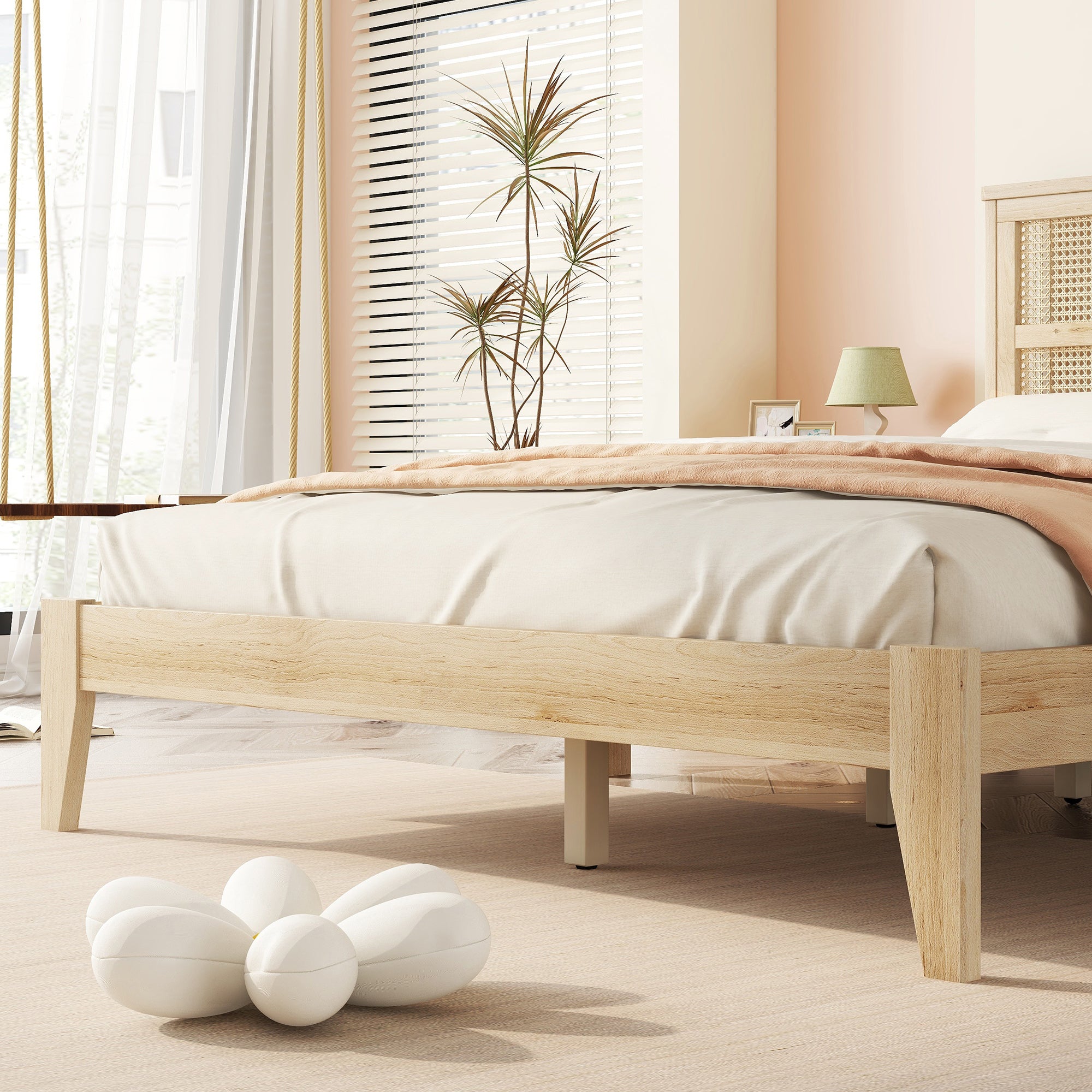 HAOYYE Queen Size Rubber Wooden, Solid Wooden Bed with Rattan Headboard, Enhanced by Support Feet,Oak White Sturdy Space-Saving Heavy Duty Modern Design Adults Dorm Room Easy Assembly Bedroom Furniture