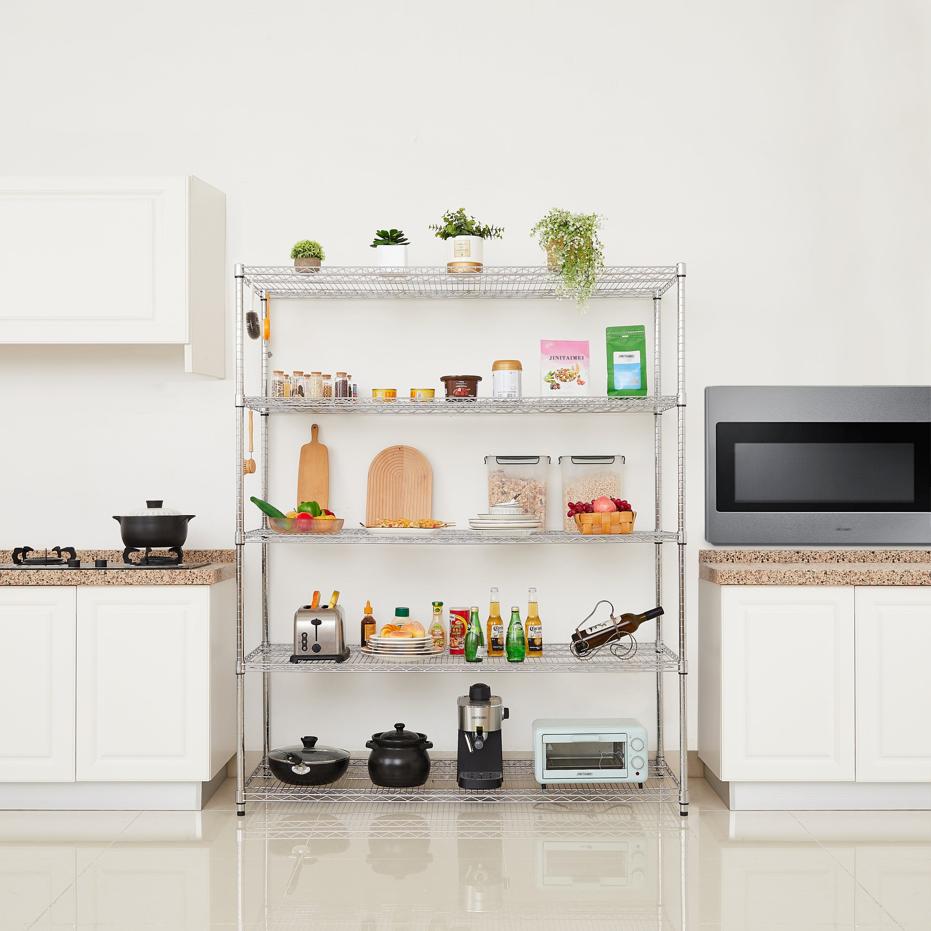 HAOYYE 5-Layer Heavy Duty Adjustable Shelving Unit with Wheels and Adjustable Feet, Sturdy Metal Storage Rack for Warehouse, Supermarket, Kitchen and Commercial Use, Each Shelf Supports 300 Lbs, Space-Saving Industrial Design, Easy Assembly
