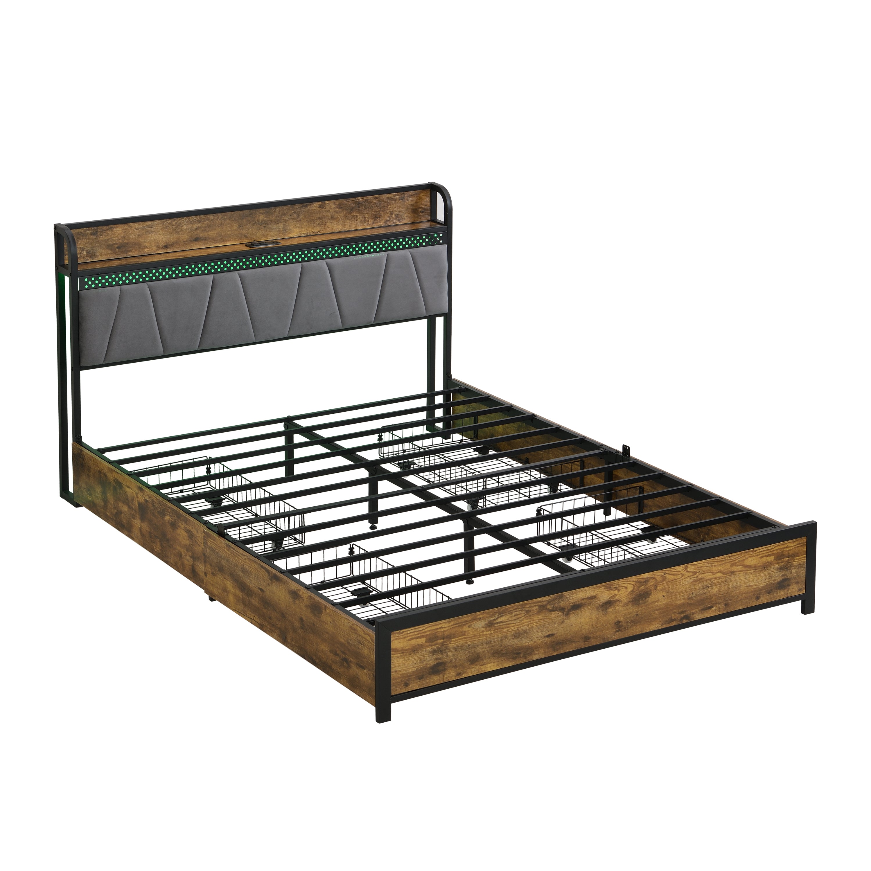 HAOYYE Full Size Bed Frame with Storage Headboard, Charging Station, LED Lights, and Four Drawers, Brown and Gray, Sturdy Space-Saving Design, Heavy Duty Construction, Modern Stylish Home Furniture