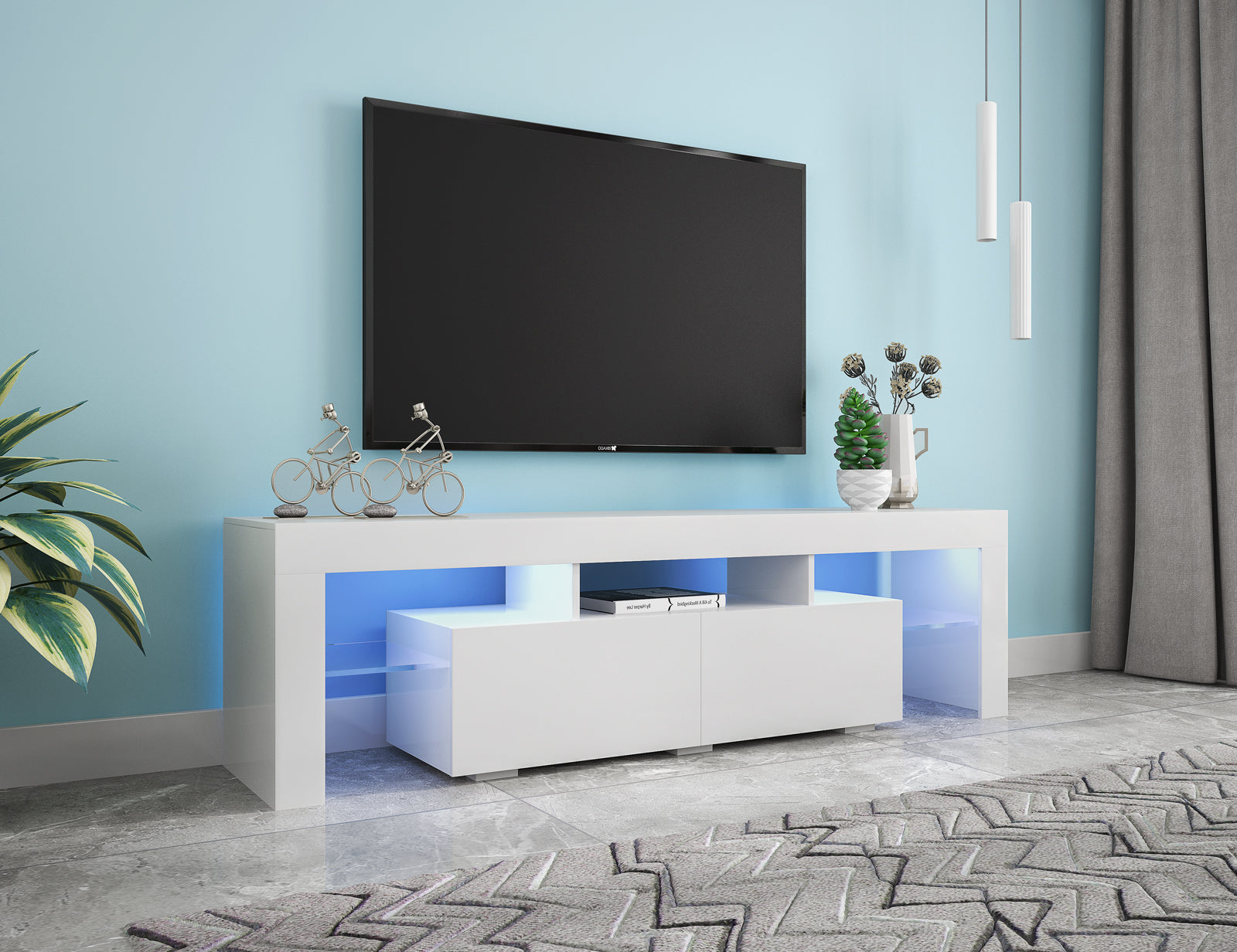 HAOYYE Modern White TV Stand, 20 Colors LED TV Stand w/Remote Control Lights Sturdy Space-Saving Heavy Duty Modern Design Easy Assembly Durable Stylish Home Furniture Versatile
