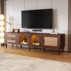 HAOYYE Rattan TV Stand with 3 Cabinets & 2 Drawers, Rattan-Inspired Media Console Table for TVs up to 80", LED Light Entertainment Center, TV Cabinet for Living Room, Bedroom, Home Theater, Sturdy Heavy Duty Construction