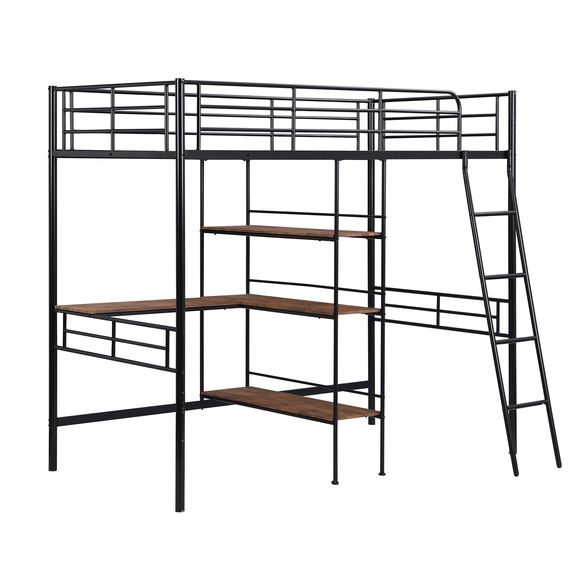 HAOYYE Twin Size Metal Loft Bed and Built-in Desk and Shelves,Black Sturdy Space-Saving Heavy Duty Modern Design Adults Dorm Room Easy Assembly Bedroom Furniture