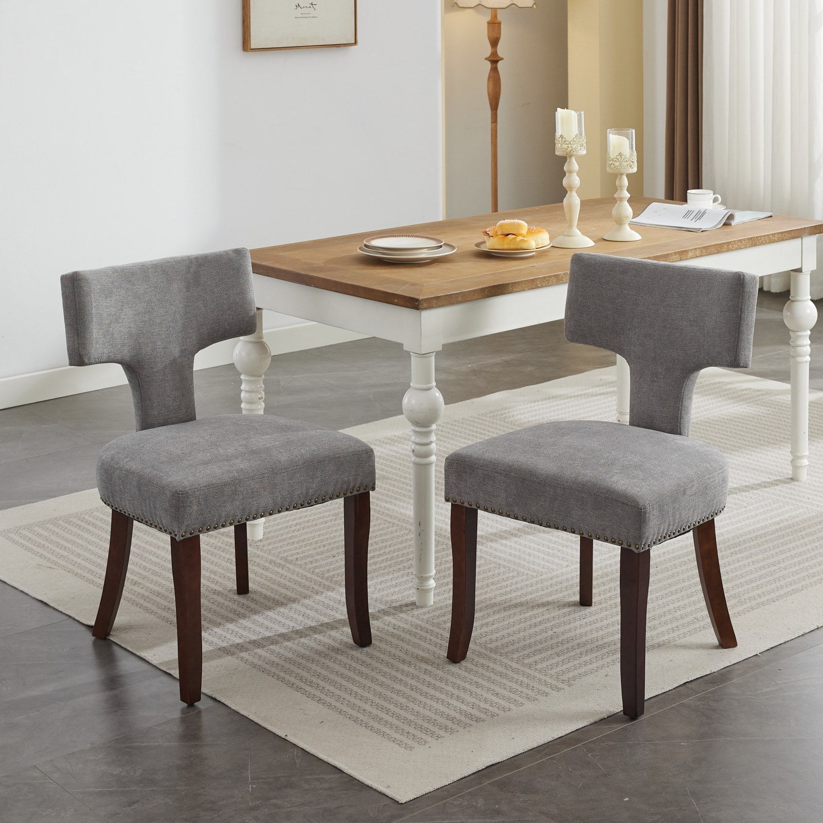 HAOYYE Mid Century Modern Dining Chairs Set of 2, Farmhouse Linen Fabric Upholstered Accent Chair Curved Backrest with Copper Nails around,Kitchen Chairs with Hardwood Frame, Gray Sturdy Space-Saving Durable