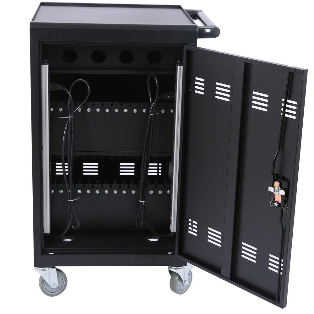 HAOYYE Mobile Charging Cart Station for 30+ Devices, Compatible with Chromebook, Tablet, and Laptop Computers, Includes Power Strip, Assembly Required, Black, Heavy Duty, Space-Saving, Modern Design, Easy Assembly