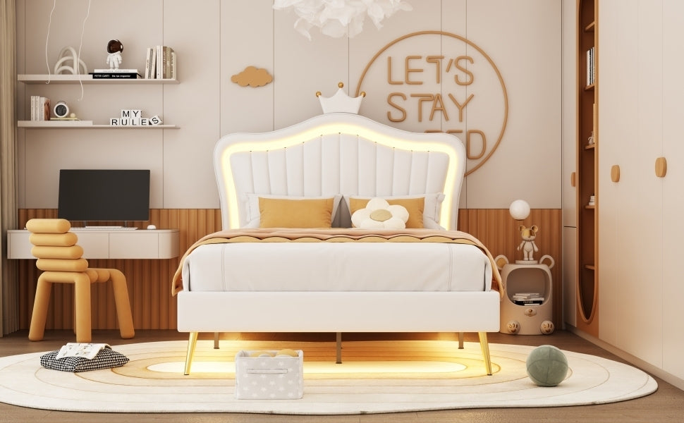 HAOYYE Full Size Upholstered Bed Frame with LED Lights,Modern Upholstered Princess Bed With Crown Headboard,White Sturdy Space-Saving Heavy Duty Modern Design Adults Dorm Room Easy Assembly