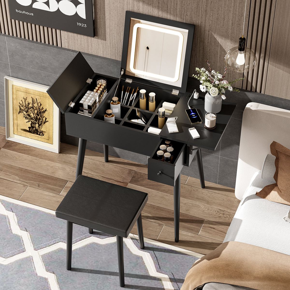 HAOYYE 27.9'' Black Makeup Vanity Desk with Flip Top Mirror and LED Light, Dressing Table with Charging Station, 2 Drawers and Fold-up Panel, Vanity Set with Cushioned Stool for Bedroom