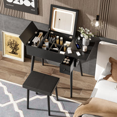 HAOYYE 27.9'' Black Makeup Vanity Desk with Flip Top Mirror and LED Light, Dressing Table with Charging Station, 2 Drawers and Fold-up Panel, Vanity Set with Cushioned Stool for Bedroom