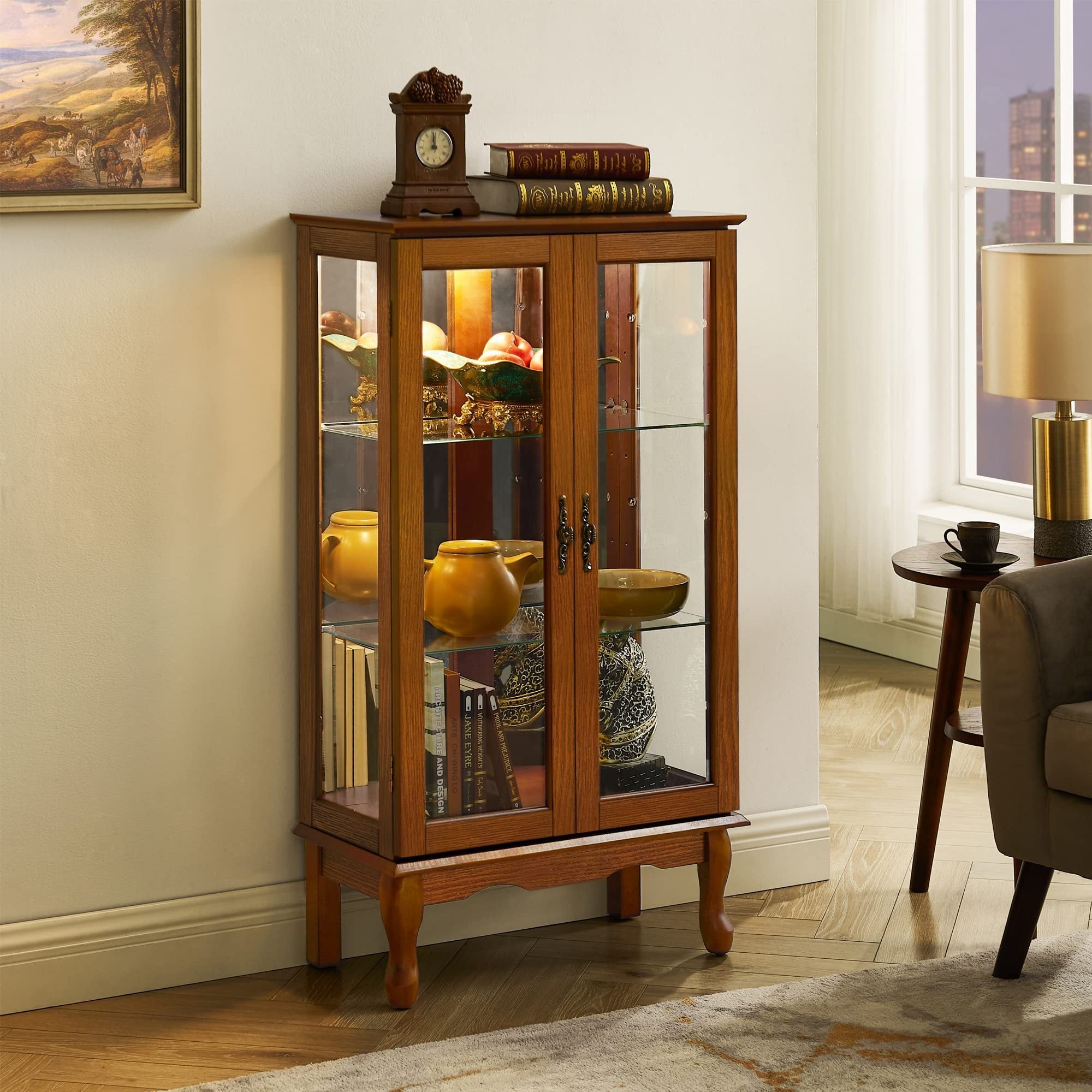 HAOYYE Curio Cabinet with Integrated Lighting and Adjustable Shelves Featuring a Mirrored Back Panel and Tempered Glass Doors in Oak Finish for Displaying Collectibles and Home Decor with Sturdy, Space Saving, Heavy Duty Construction