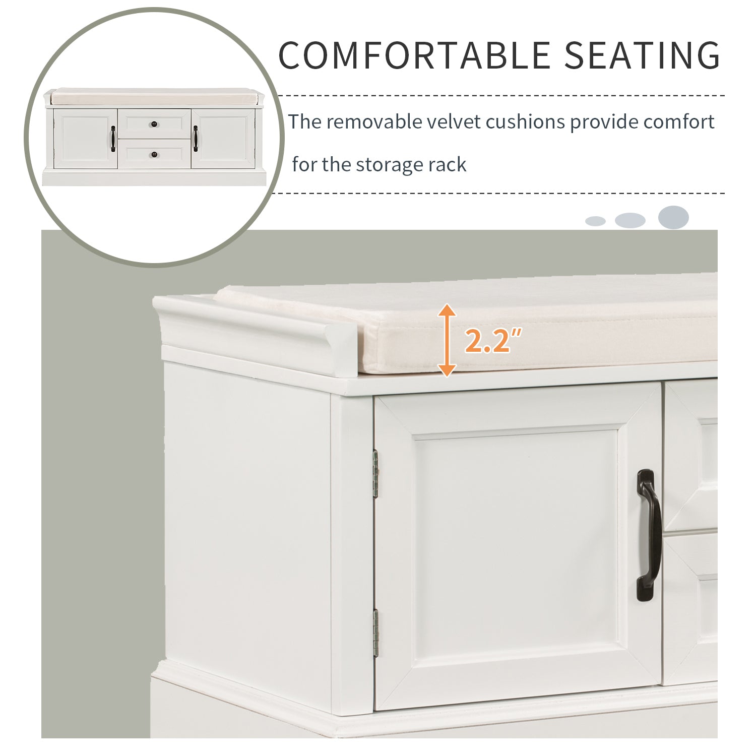 HAOYYE Storage Bench with 2 Drawers and Cabinets, Shoe Bench with Removable Cushion for Living Room, Entryway, Sturdy Space-Saving Heavy Duty Modern Design, White, Easy Assembly for Adults and Dorm Rooms