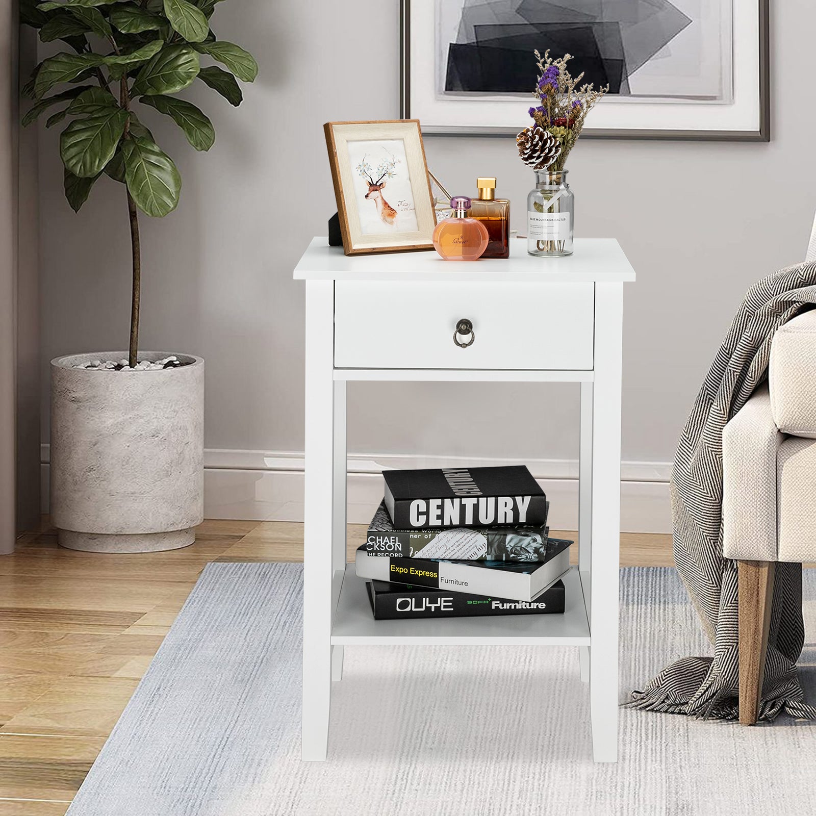 HAOYYE White Two-Layer Bedside Cabinet With Drawer, Sturdy And Durable Design, Modern Coffee Table, Multifunctional Home Organizer, Space-Saving Storage Solution, Stylish Practical Nightstand For Bedroom, Living Room, Or Office Use