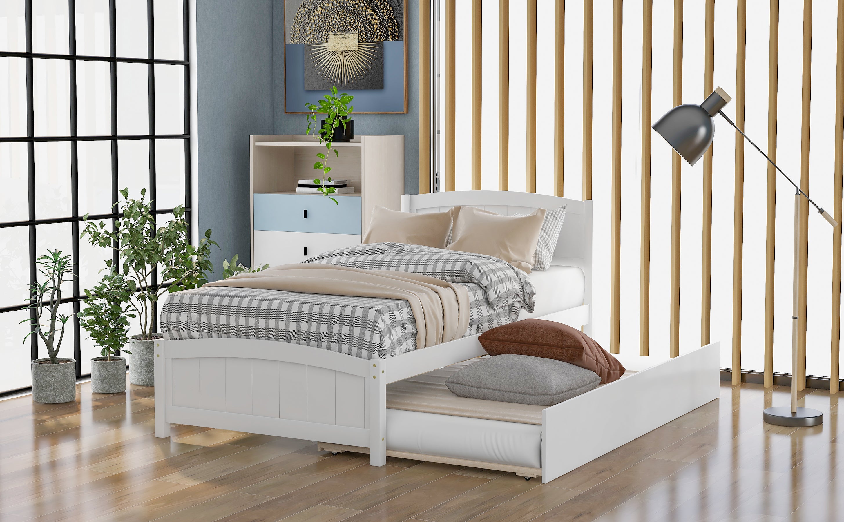 HAOYYE Twin size Platform Bed with Trundle, White Sturdy Space-Saving Heavy Duty Modern Design Easy Assembly Durable Stylish Home Furniture Versatile
