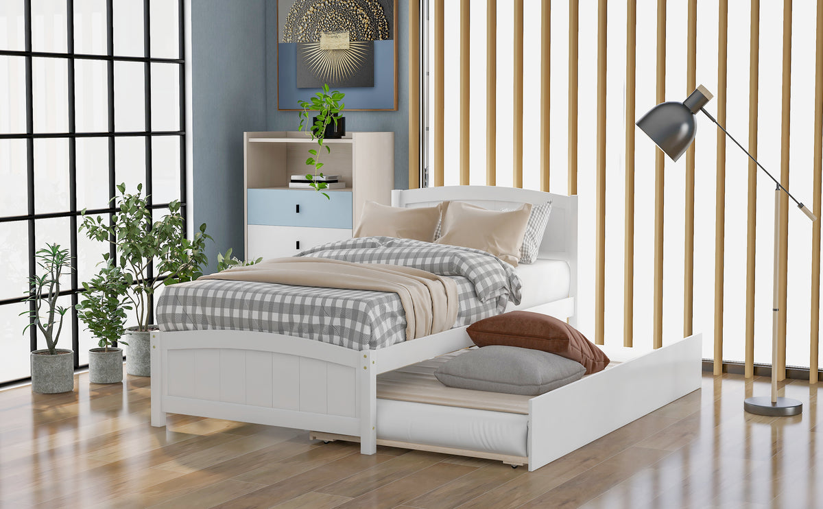 HAOYYE Twin size Platform Bed with Trundle, White Sturdy Space-Saving Heavy Duty Modern Design Easy Assembly Durable Stylish Home Furniture Versatile