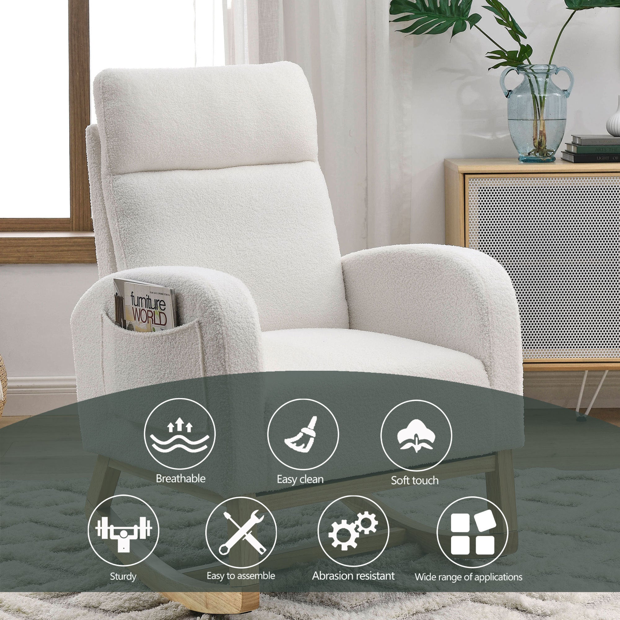 HAOYYE 27.6"W Modern Accent High Backrest Living Room Lounge Arm Rocking Chair, Two Side Pocket ,Teddy White (Ivory) Sturdy Space-Saving Heavy Duty Modern Design Adults Dorm Room