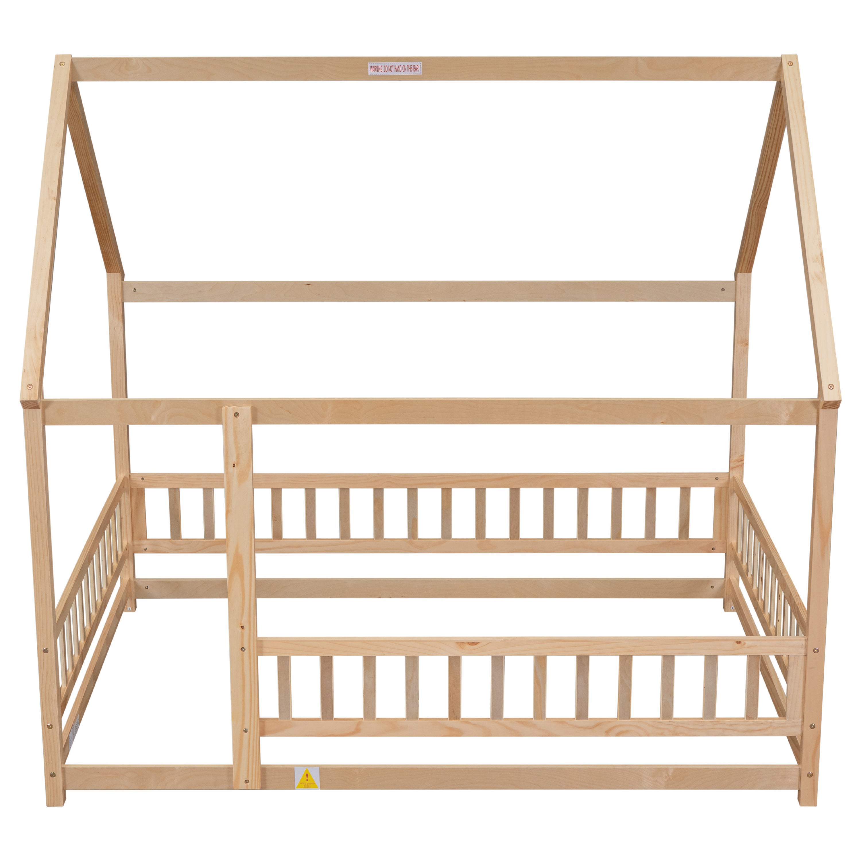 HAOYYE Full Size Floor Wooden Bed with House Roof Frame, Fence Guardrails ,Nartural Sturdy Space-Saving Heavy Duty Modern Design Adults Dorm Room Easy Assembly Bedroom Furniture