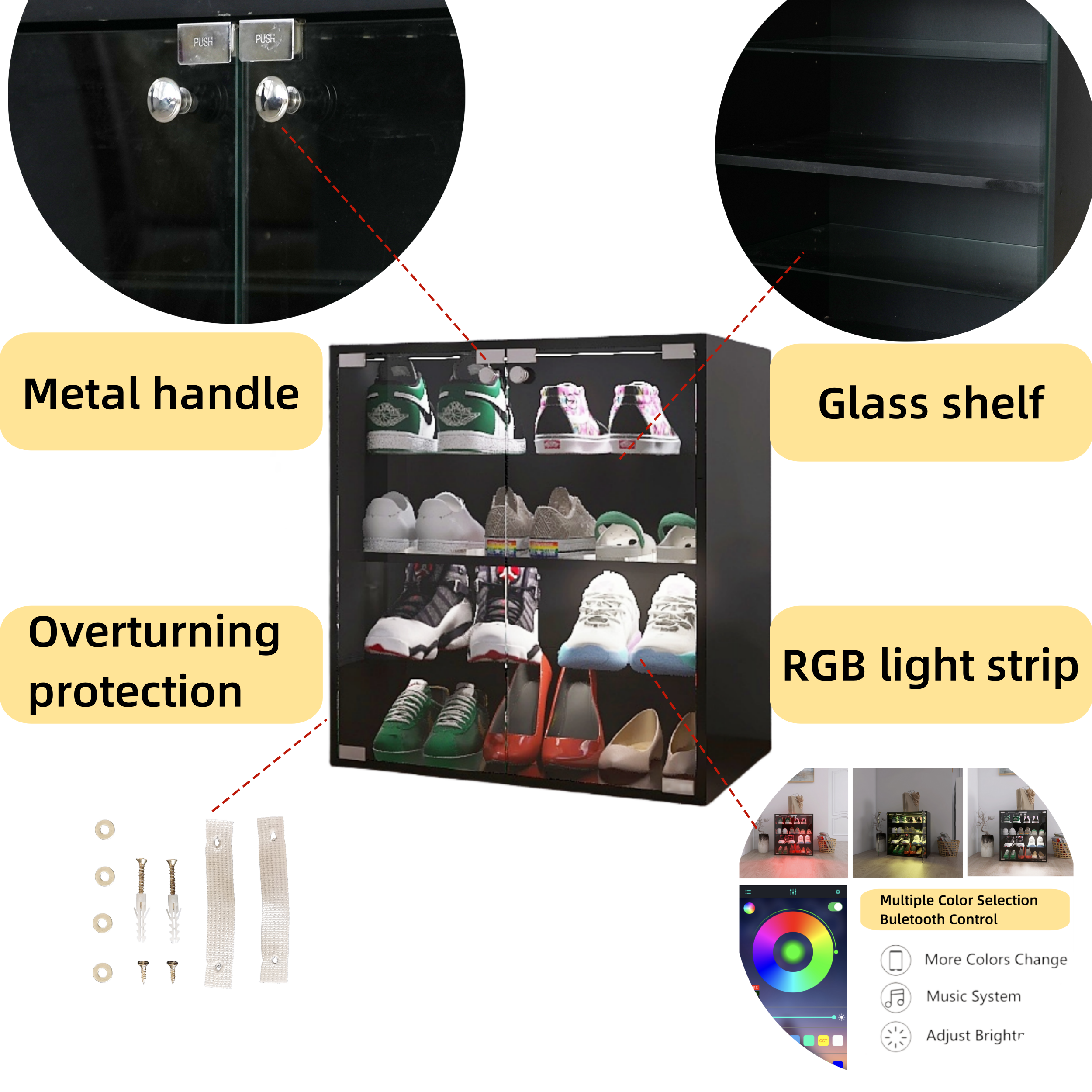 HAOYYE 4 Layers Black Shoe Cabinet with Glass Door and Glass Layer Shoes Display Cabinet with LED light Bluetooth Control Sturdy Space-Saving Heavy Duty Modern Design Adults Dorm Room Easy Assembly
