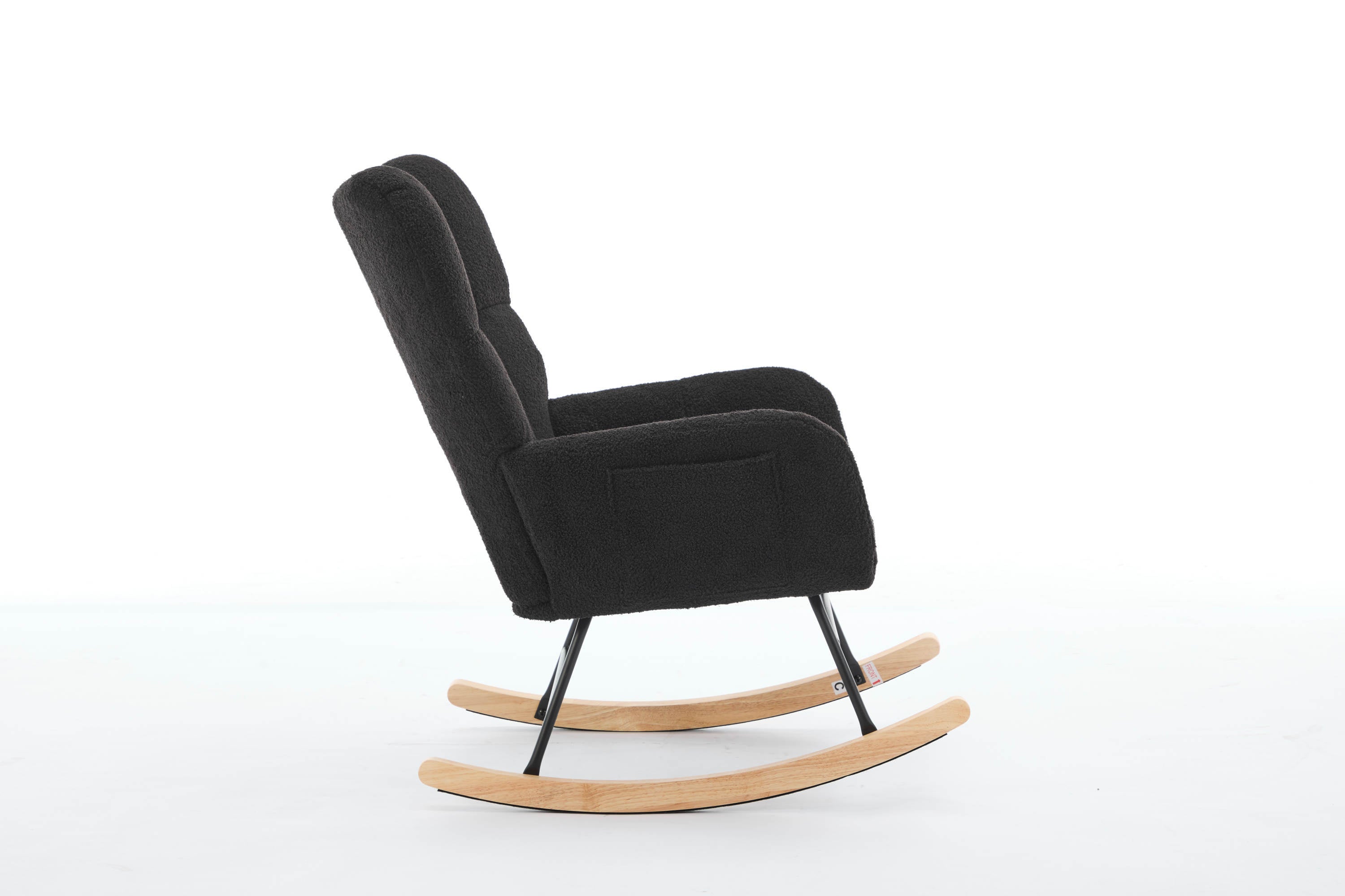 Haoyye Black Modern Nursery Rocking Chair with High Backrest, Soft Teddy Upholstered Glider Accent Armchair with Solid Wood Legs, Gentle Rocker for Bedroom, Living Room, or Nursery, Sturdy and Space-Saving Design for Adults