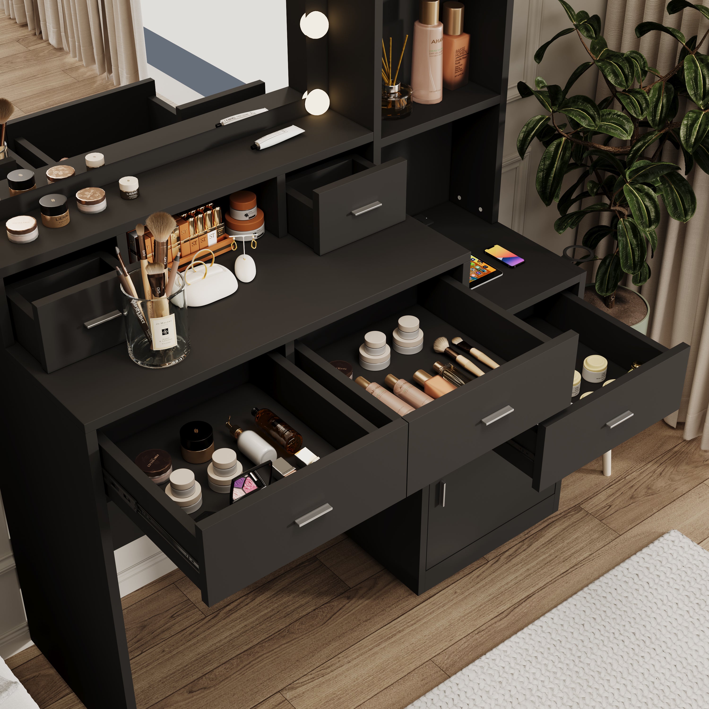 HAOYYE Smart Mirror Dressing Table with Drawers and Storage Cabinet, Modern Vanity Table with Soft Dressing Pad for Bedroom, Sturdy Space-Saving Heavy Duty Construction, Ideal for Adults