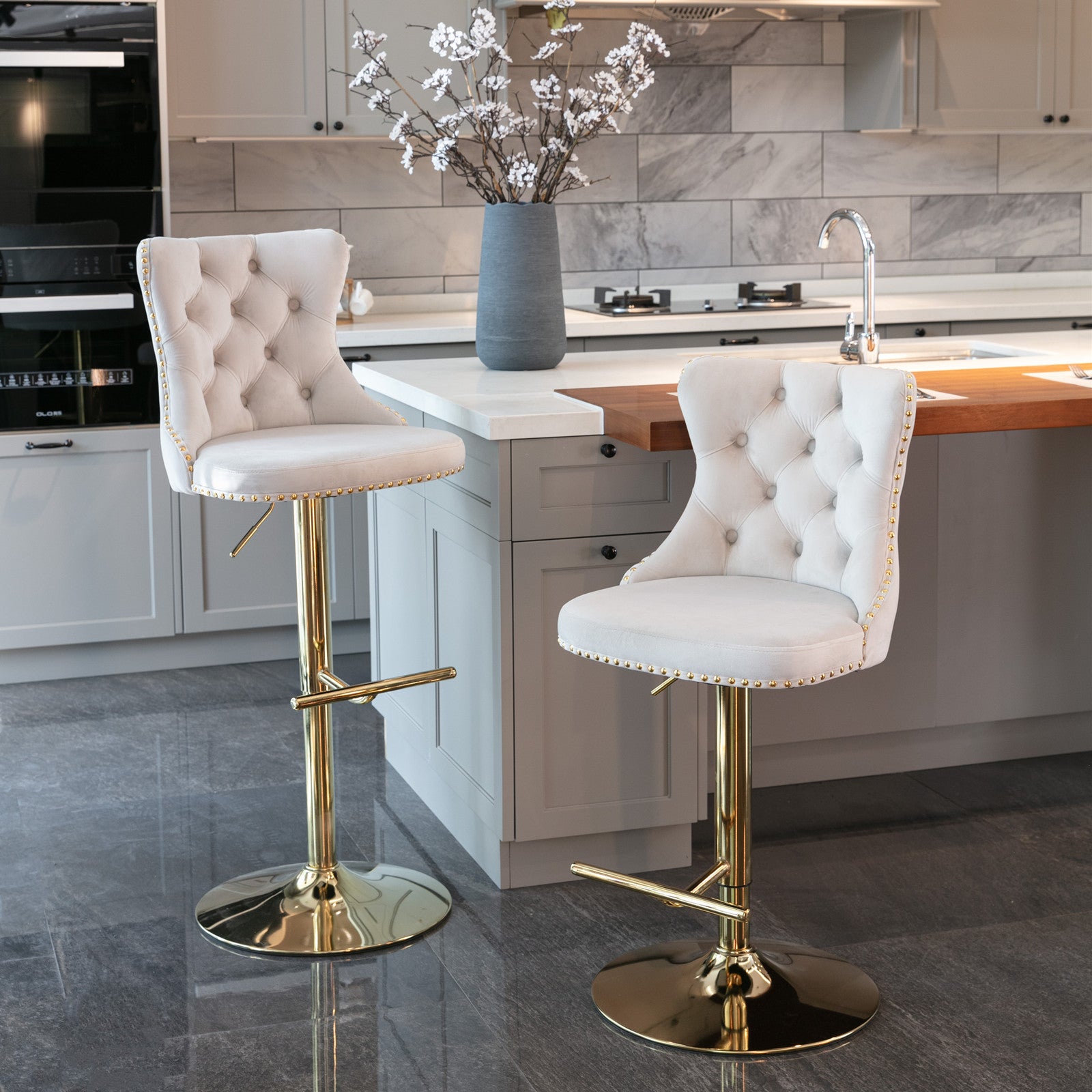 HAOYYE Golden Swivel Velvet Barstools Adjusatble Seat Height from 25-33 Inch,Modern Upholstered Bar Stools with Backs Comfortable Tufted for Home Pub and Kitchen Island,Beige,Set of 2 Sturdy
