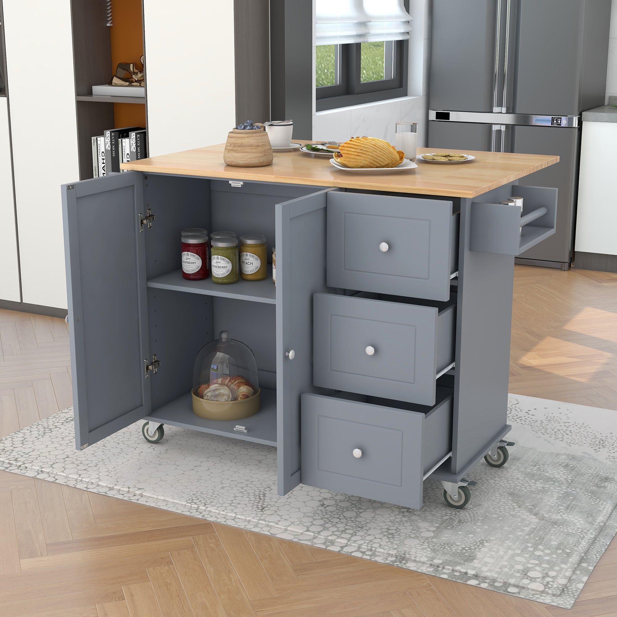 HAOYYE Rolling Mobile Kitchen Island With Solid Wood Top, Storage Cabinet, Drop Leaf Breakfast Bar, Spice Rack, Towel Rack, And Drawer, Grey Blue, Sturdy Space-Saving Design With Locking Wheels