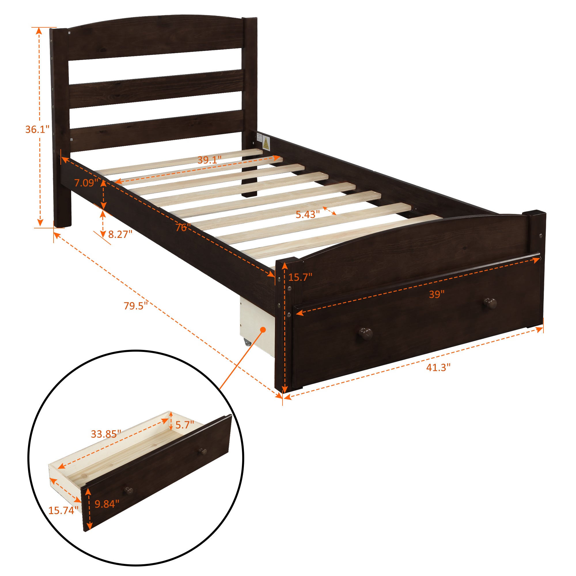 HAOYYE Platform Twin Bed Frame with Storage Drawer and Wood Slat Support, Espresso, Sturdy Space-Saving Design, Heavy Duty Construction, Easy Assembly, Durable and Stylish Home Furniture, Versatile for Bedroom Use