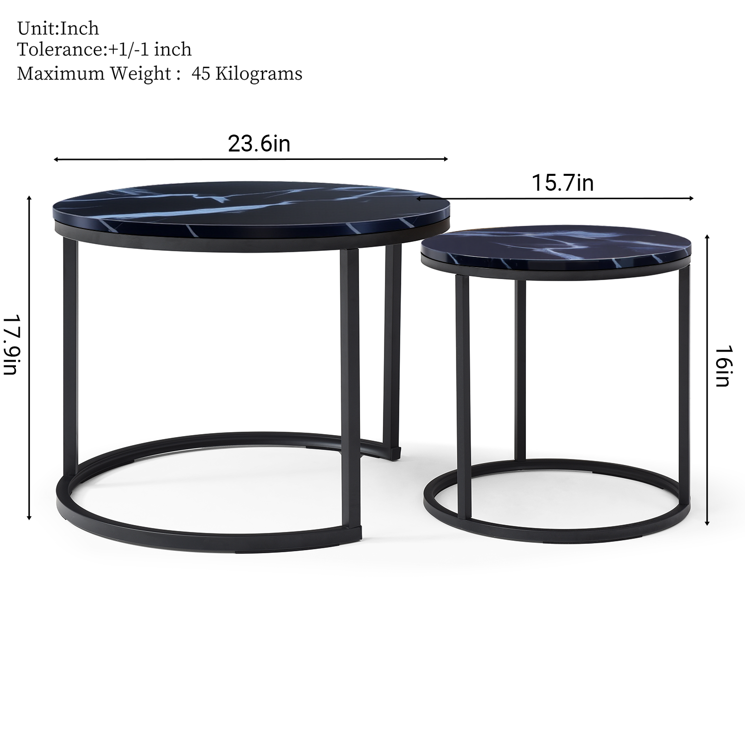 HAOYYE Set of 2 Round Nesting Coffee Tables with Black Marble Pattern Top and Metal Frame, Modern Industrial Circular Side Tables for Living Room Bedroom Apartment or Office Use