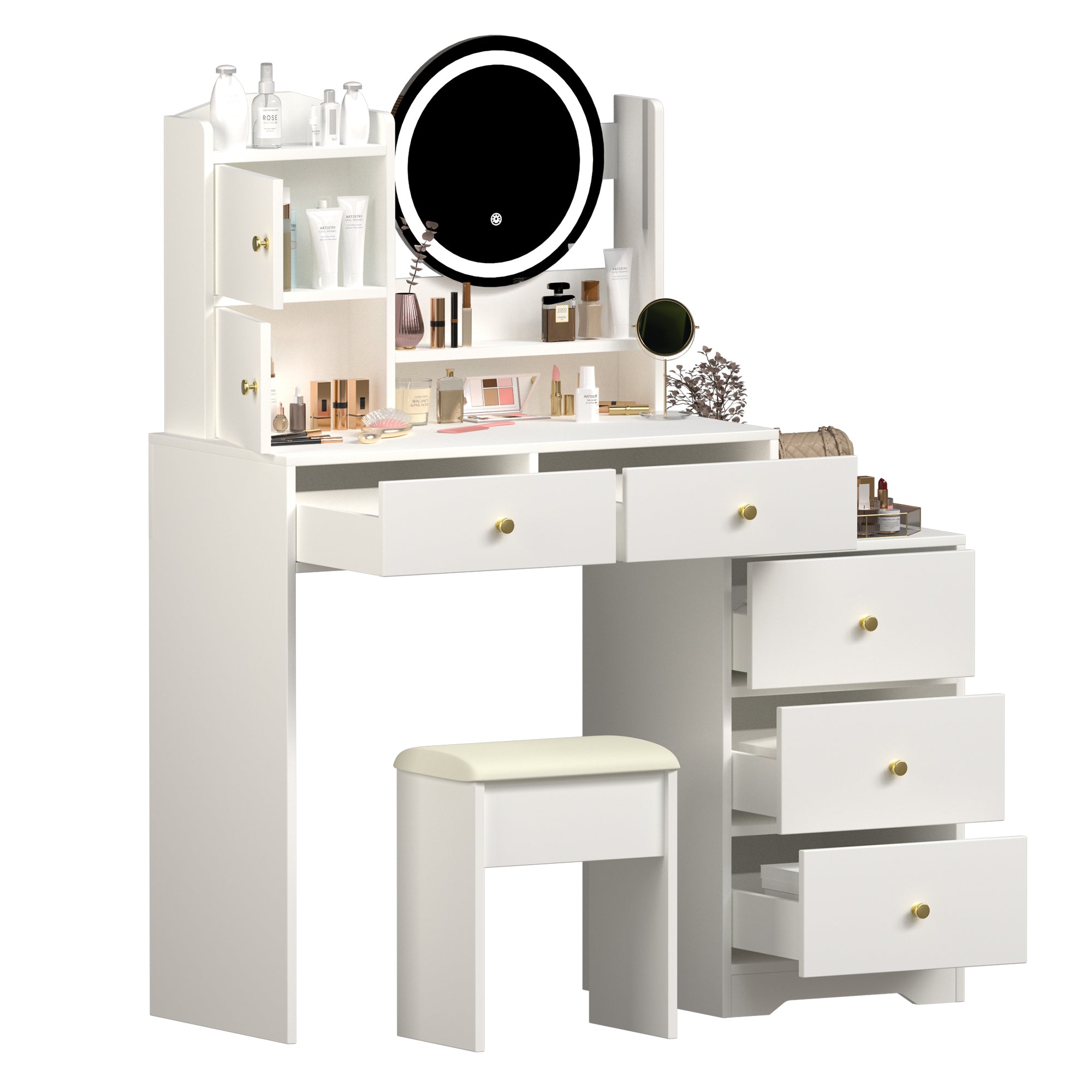 HAOYYE Fashion Vanity Desk with Mirror and Lights for Makeup and Cushioned Chair, Vanity Mirror with Lights and Table Set with 3 Color Lighting Brightness Adjustable,Dressing table, White Color Sturdy