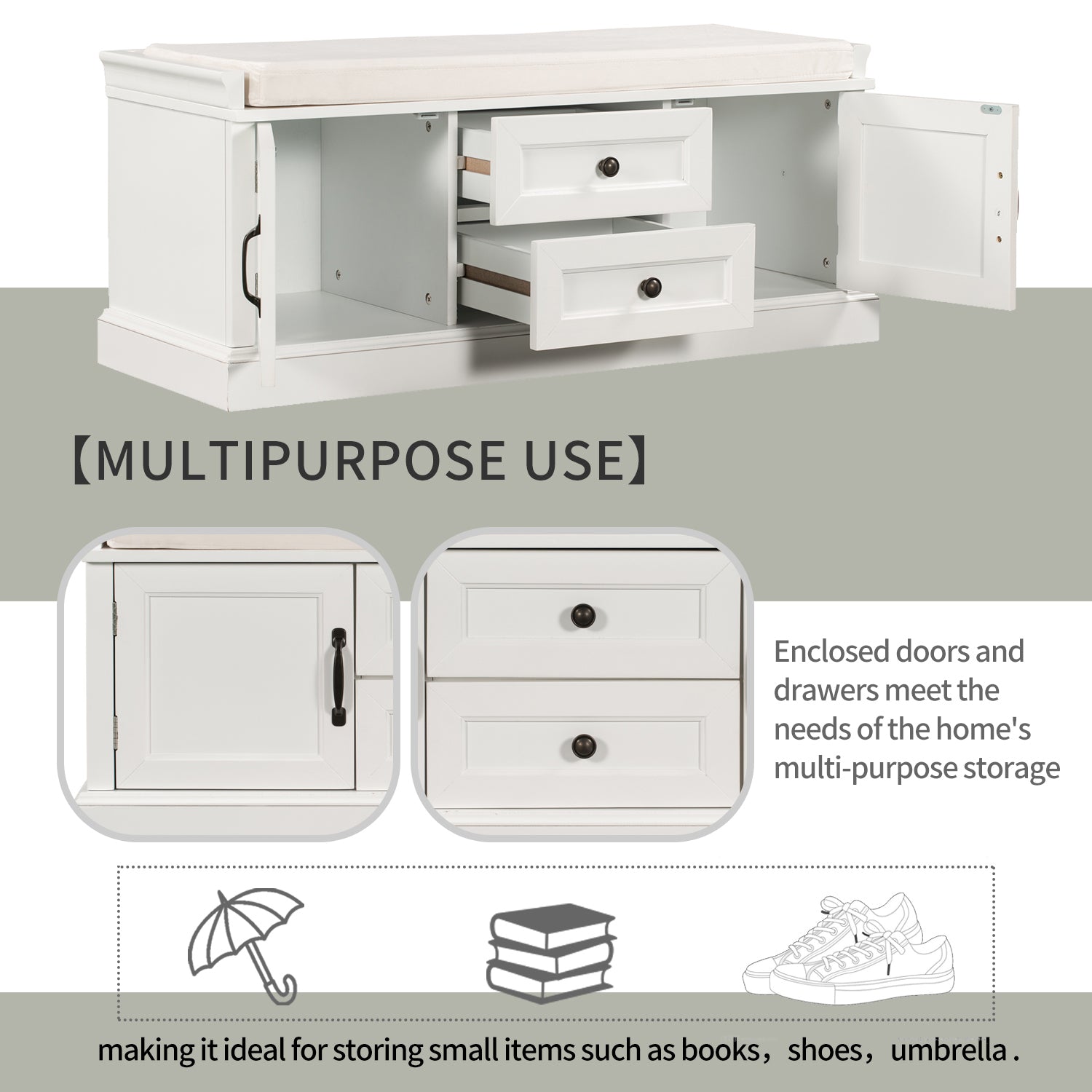 HAOYYE Storage Bench with 2 Drawers and Cabinets, Shoe Bench with Removable Cushion for Living Room, Entryway, Sturdy Space-Saving Heavy Duty Modern Design, White, Easy Assembly for Adults and Dorm Rooms