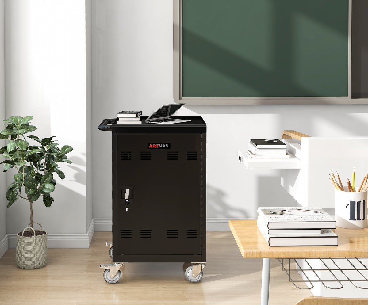 HAOYYE Mobile Charging Cart Station for 30+ Devices, Compatible with Chromebook, Tablet, and Laptop Computers, Includes Power Strip, Assembly Required, Black, Heavy Duty, Space-Saving, Modern Design, Easy Assembly