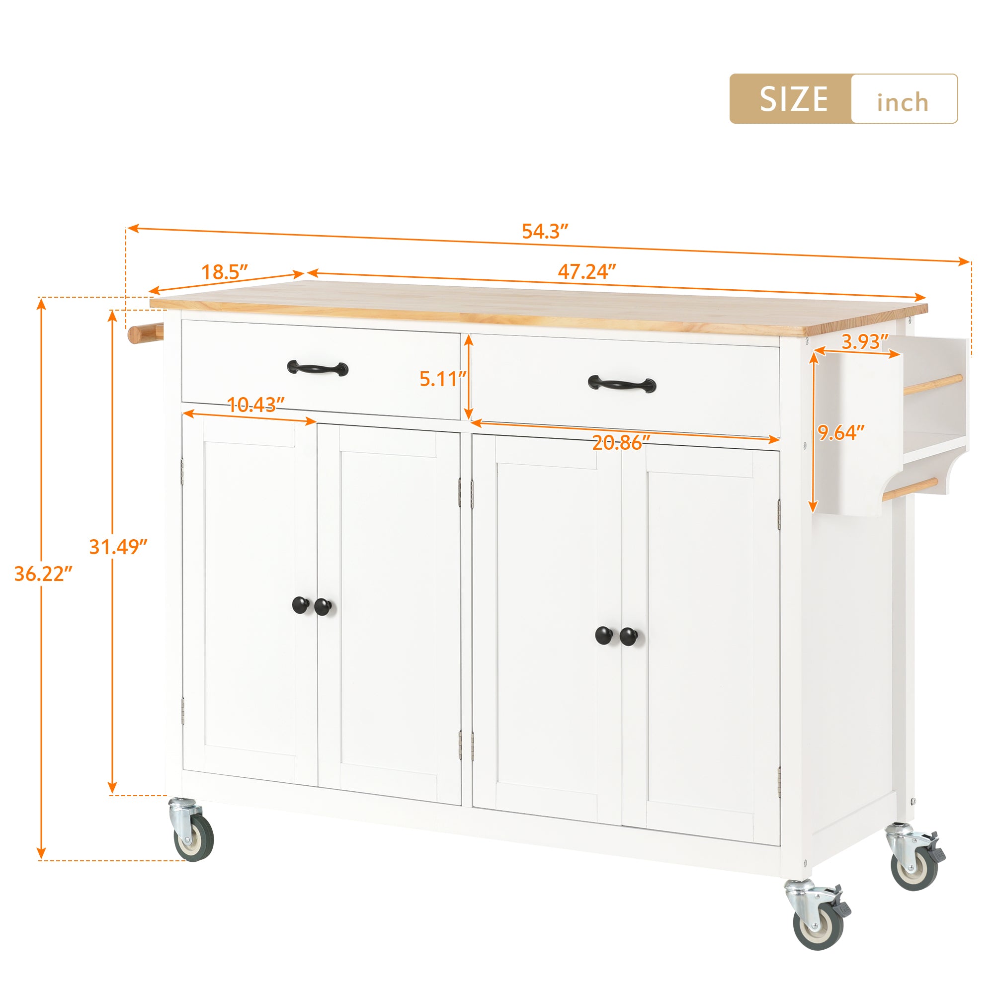 HAOYYE Kitchen Island Cart with Solid Wood Top, Locking Wheels, Four Door Cabinet, Two Drawers, Spice Rack, and Towel Rack, White, Sturdy Space-Saving Design, Heavy Duty Construction, Easy Assembly, Durable and Stylish Home Furniture