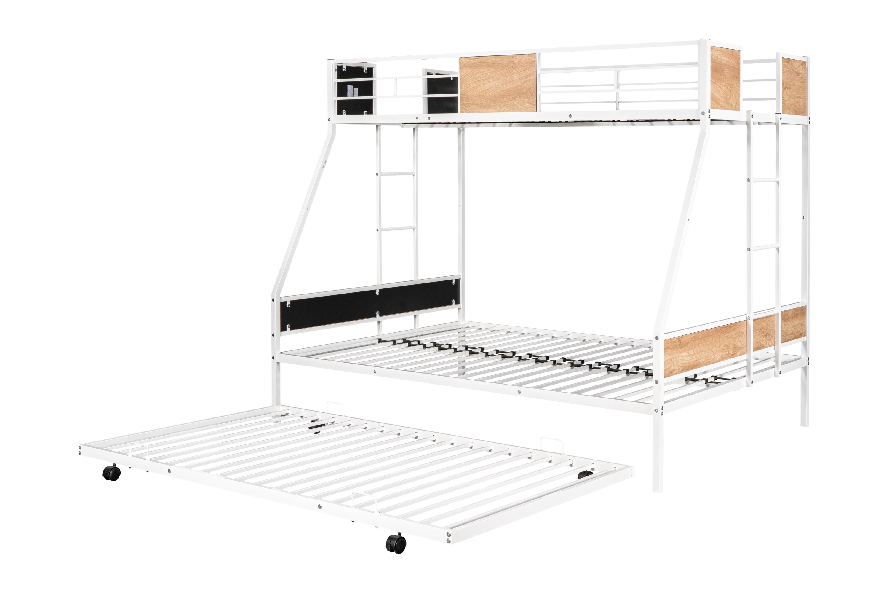 HAOYYE Metal Twin over Full Bunk Bed with Trundle/ Heavy-duty Sturdy Metal/ Noise Reduced/ Safety Guardrail/ Wooden Decoration/ Convenient Trundle / Bunk Bed for Three/ CPC Certified/ No Box Spring Needed