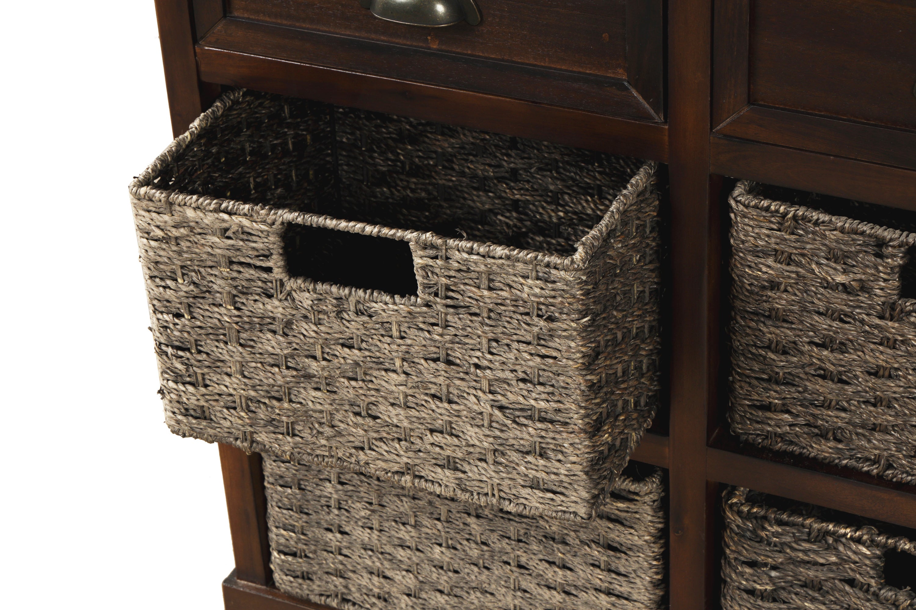 HAOYYE Rustic Storage Cabinet with Two Drawers and Four Classic Rattan Baskets for Dining Room or Living Room, Espresso, Sturdy Space-Saving Design, Heavy Duty Construction, Easy Assembly, Durable and Stylish Home Furniture