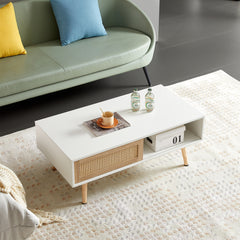 HAOYYE 41.34" Rattan Coffee Table with Sliding Door Storage, Solid Wood Legs, Modern Design for Living Room, White, Sturdy Space-Saving Heavy Duty Construction, Easy Assembly, Ideal for Adults and Dorm Rooms